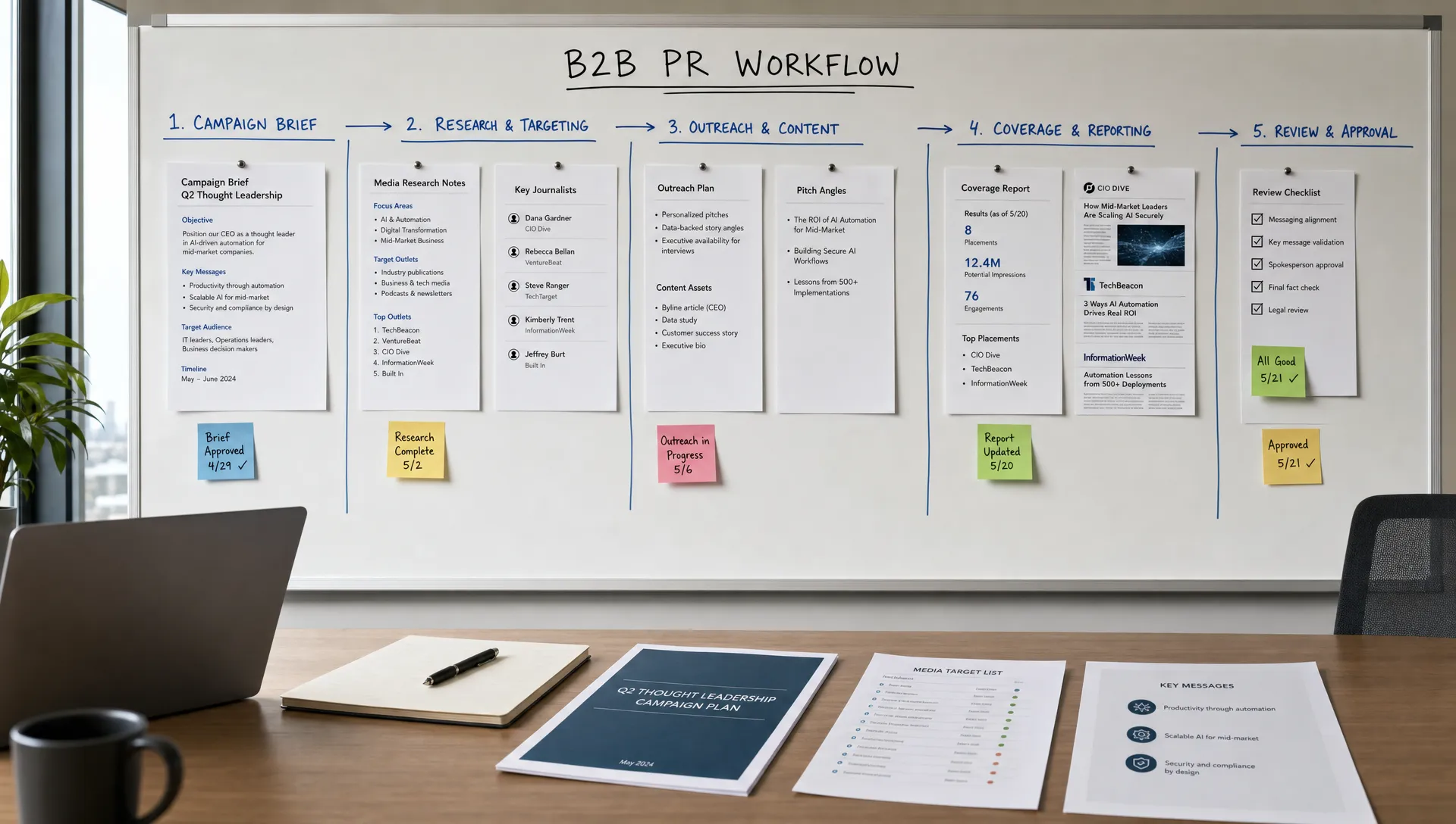 A B2B PR workflow board in a meeting room, with structured campaign briefs, media research notes, coverage reports, and approval checkpoints arranged across the board and a few source documents on the table below.