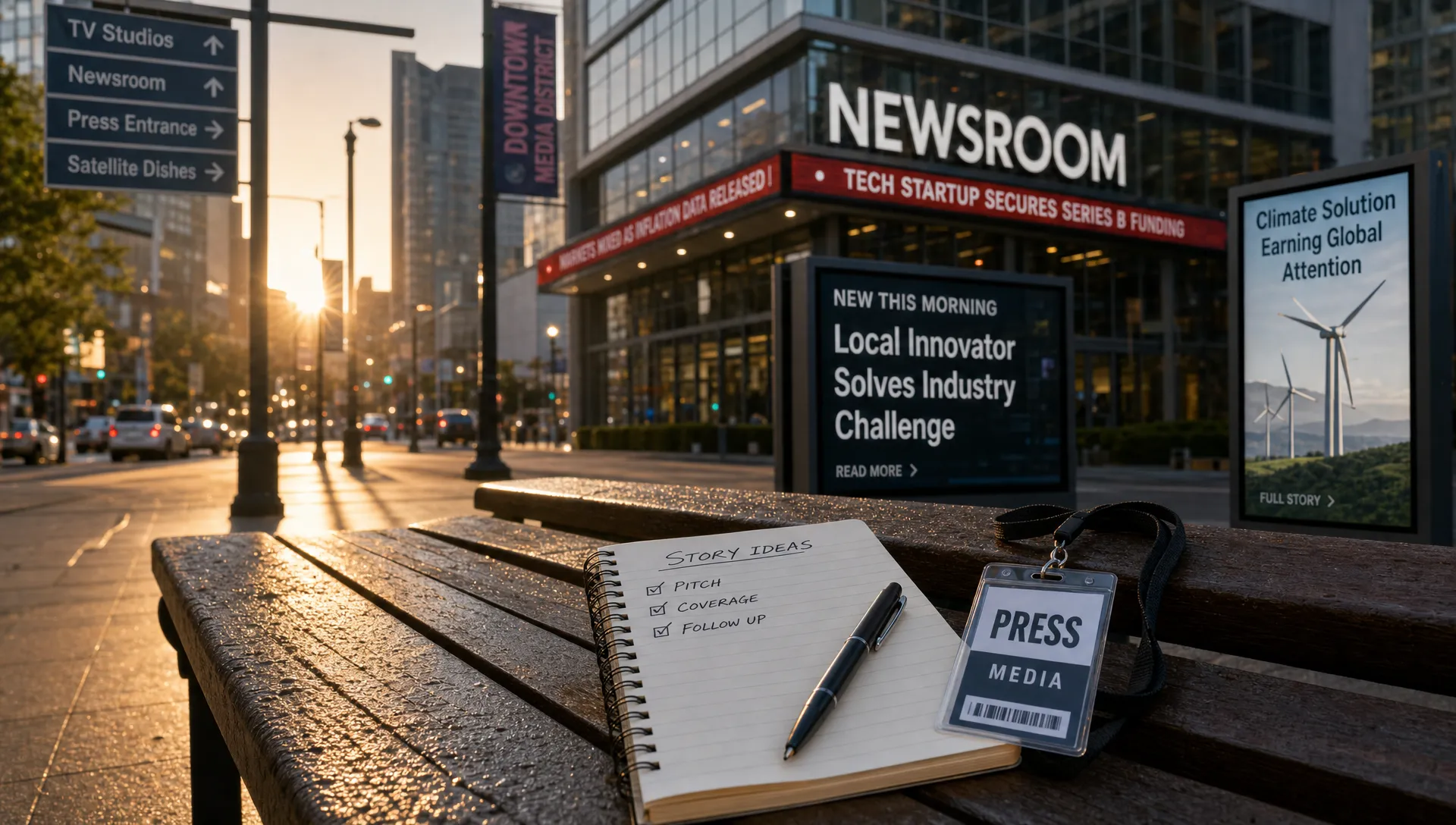 A wide outdoor scene of a city media district at early morning, with a single reporter's notebook and press pass on a bench in the foreground, a blurred newsroom building and busy street behind it, and subtle visual cues of pitches, coverage, and follow-up as a campaign theme rather than an office workflow. No people are present; the image should feel like the public-facing environment where B2B PR work leads to earned attention, clearly different from a desk or wall-board operations scene.