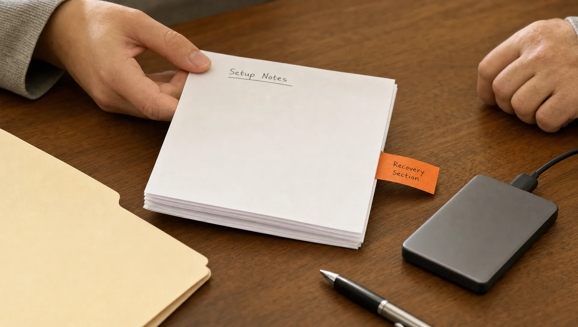 Close-up of handoff materials for SaaS app development services, including a recovery note and one orange tab.