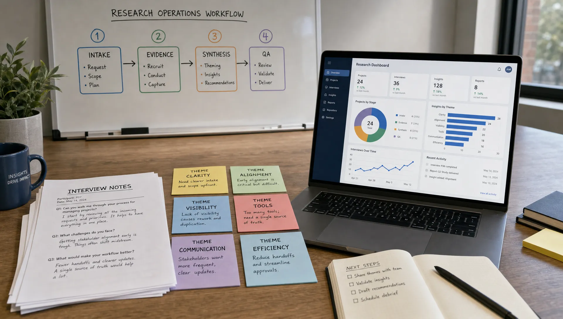 A research operations workspace with printed interview notes, color-coded theme cards, a laptop showing a correctly oriented dashboard, and a whiteboard with a simple four-step workflow: intake, evidence, synthesis, QA.