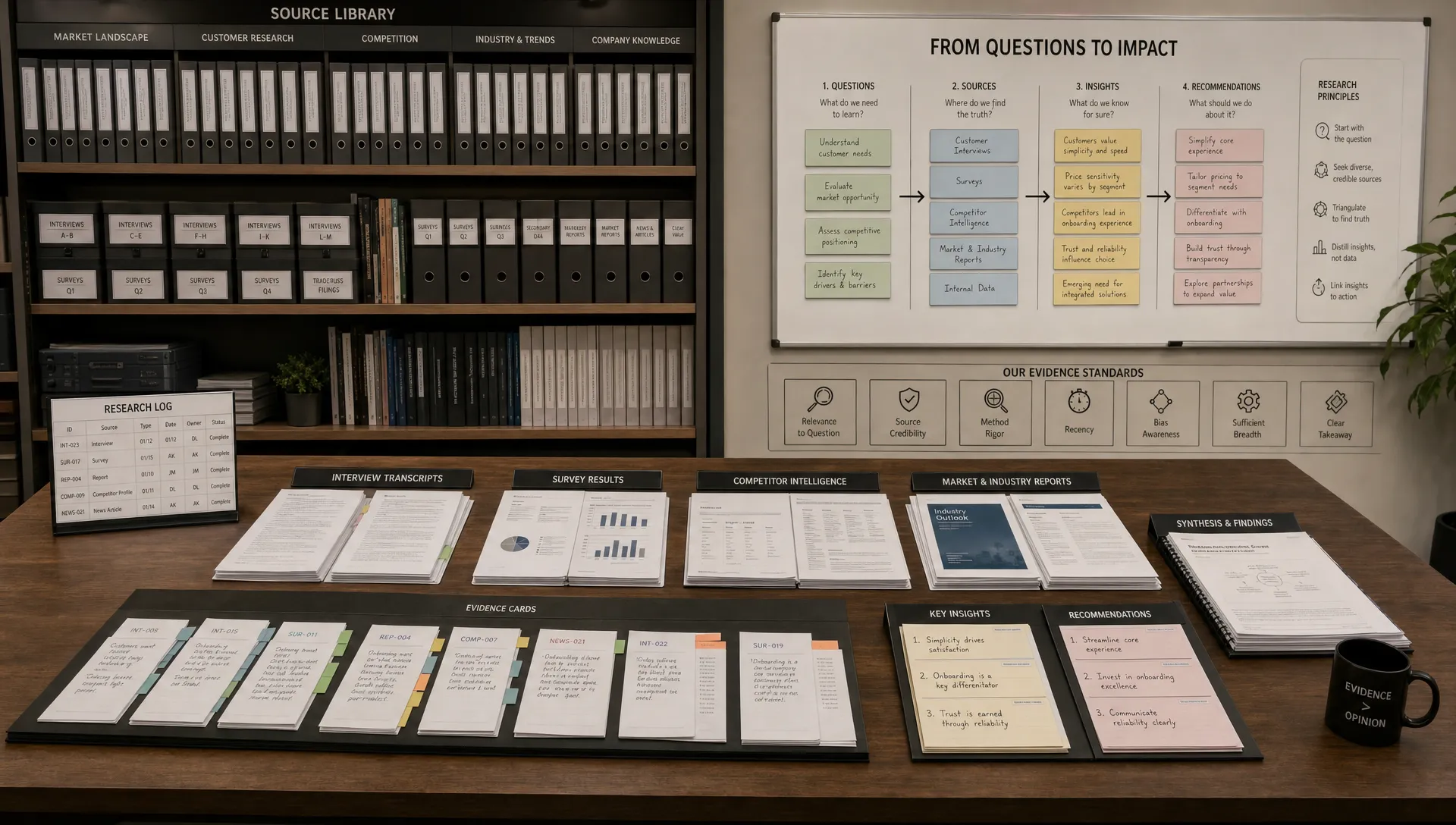 A wide establishing scene of a market research intelligence library or knowledge room, with shelves of source folders, a central table covered in neatly arranged interview transcripts, survey printouts, competitor notes, and tagged evidence cards, plus a wall board showing how findings move from questions to sources to insights to recommendations. No people are present. The composition should feel like the operating system behind careful research, emphasizing source discipline and synthesis rather than a desk-bound office scene.
