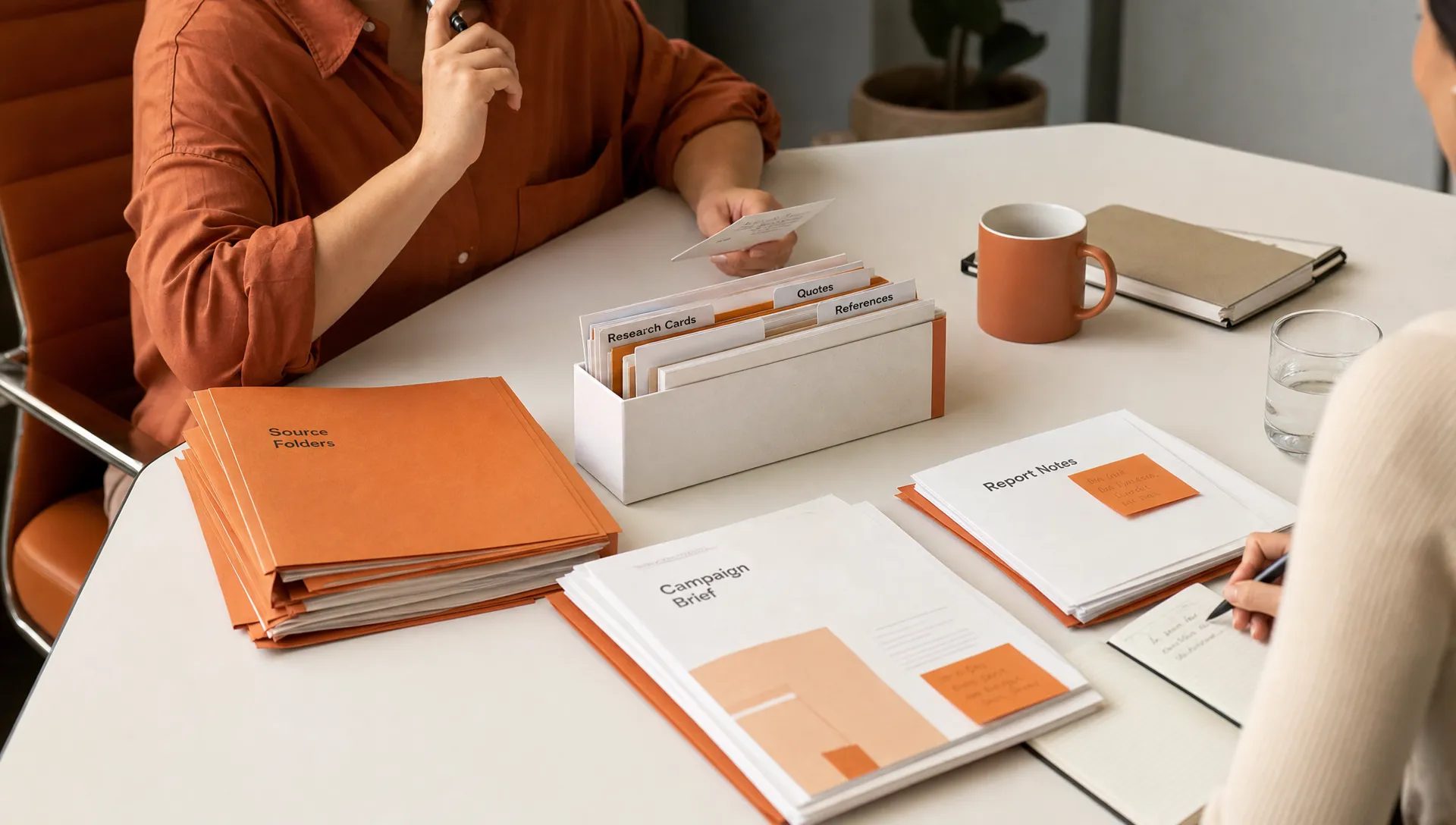 Organized research cards, source folders, campaign briefs, and report notes are stacked for reuse on a clean conference table.