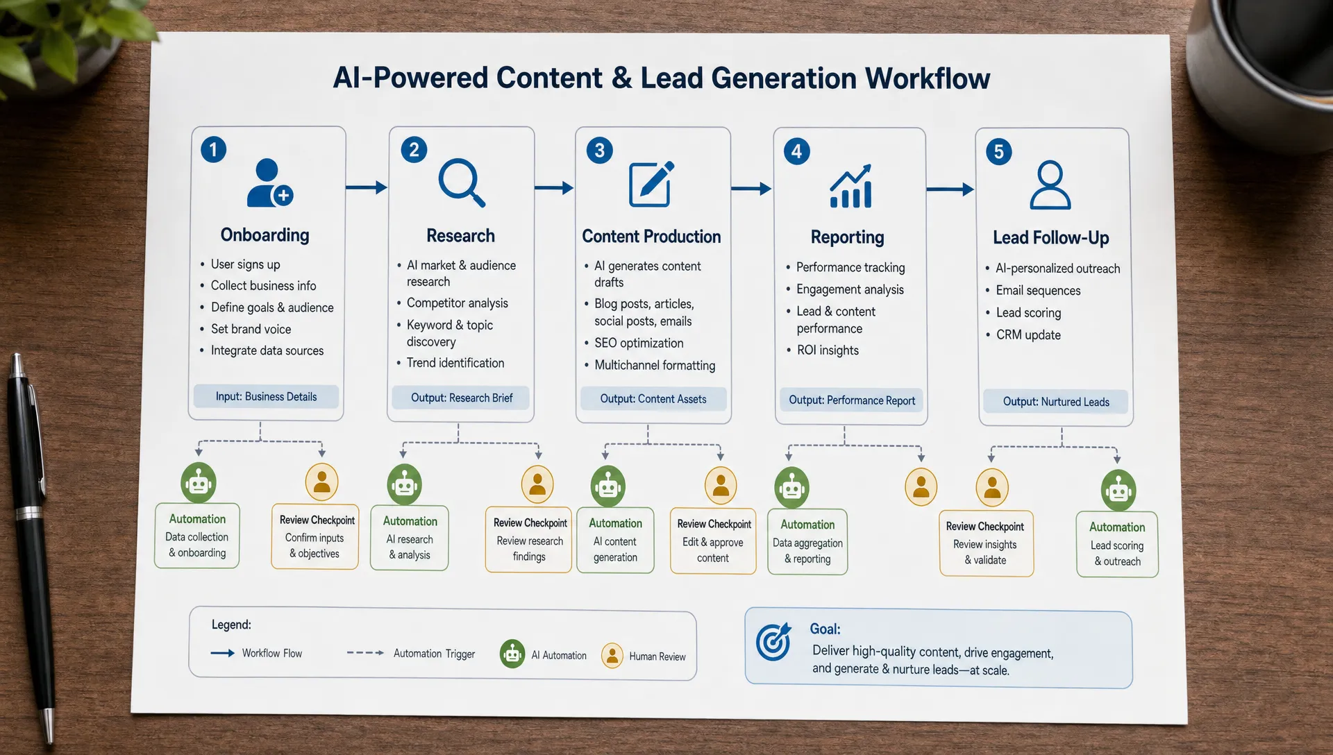 A table layout shows onboarding, research, content production, reporting, and lead follow-up cards linked by arrows, with automation and review checkpoints.