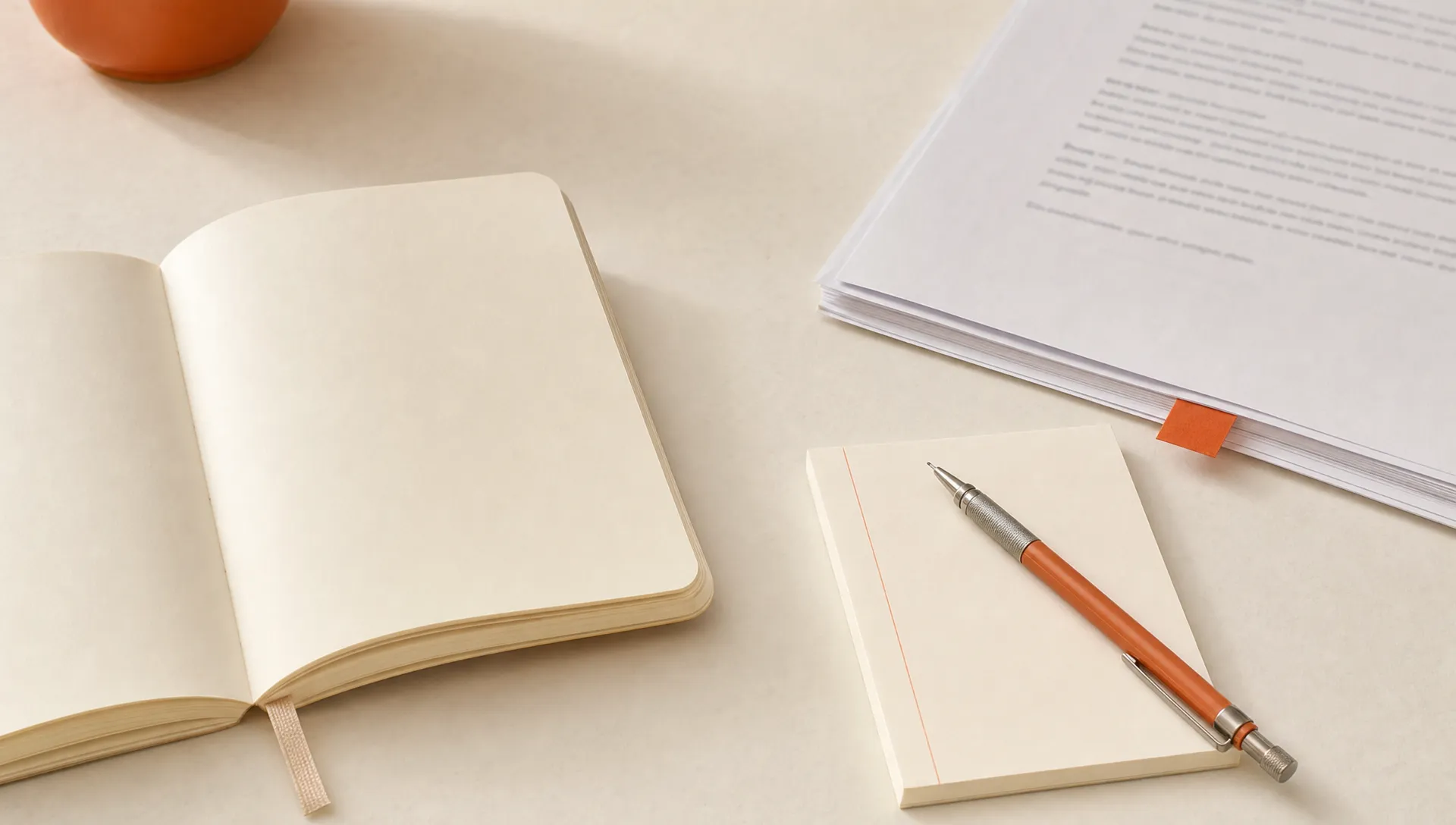 A notebook, source pages and a burnt orange tab mark a product change under review.
