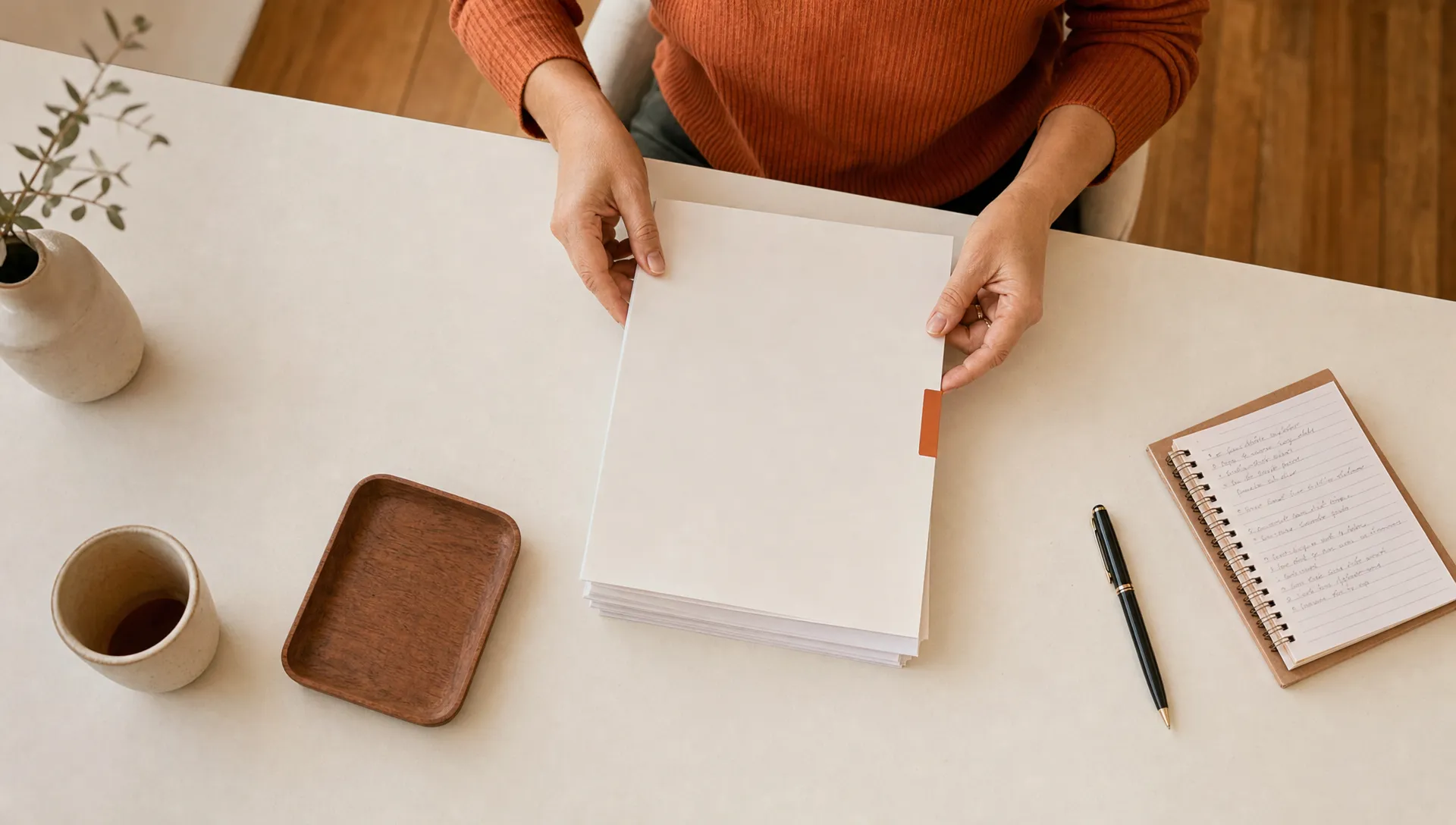 An agency operator sorts an intake packet beside brief papers, source notes, and a burnt orange review tab on a quiet table.