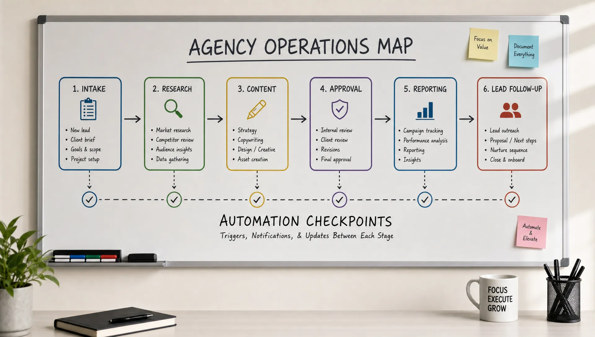An agency operations map shows intake, research, content, approval, reporting, and lead follow-up linked by automation checkpoints on a wall board.