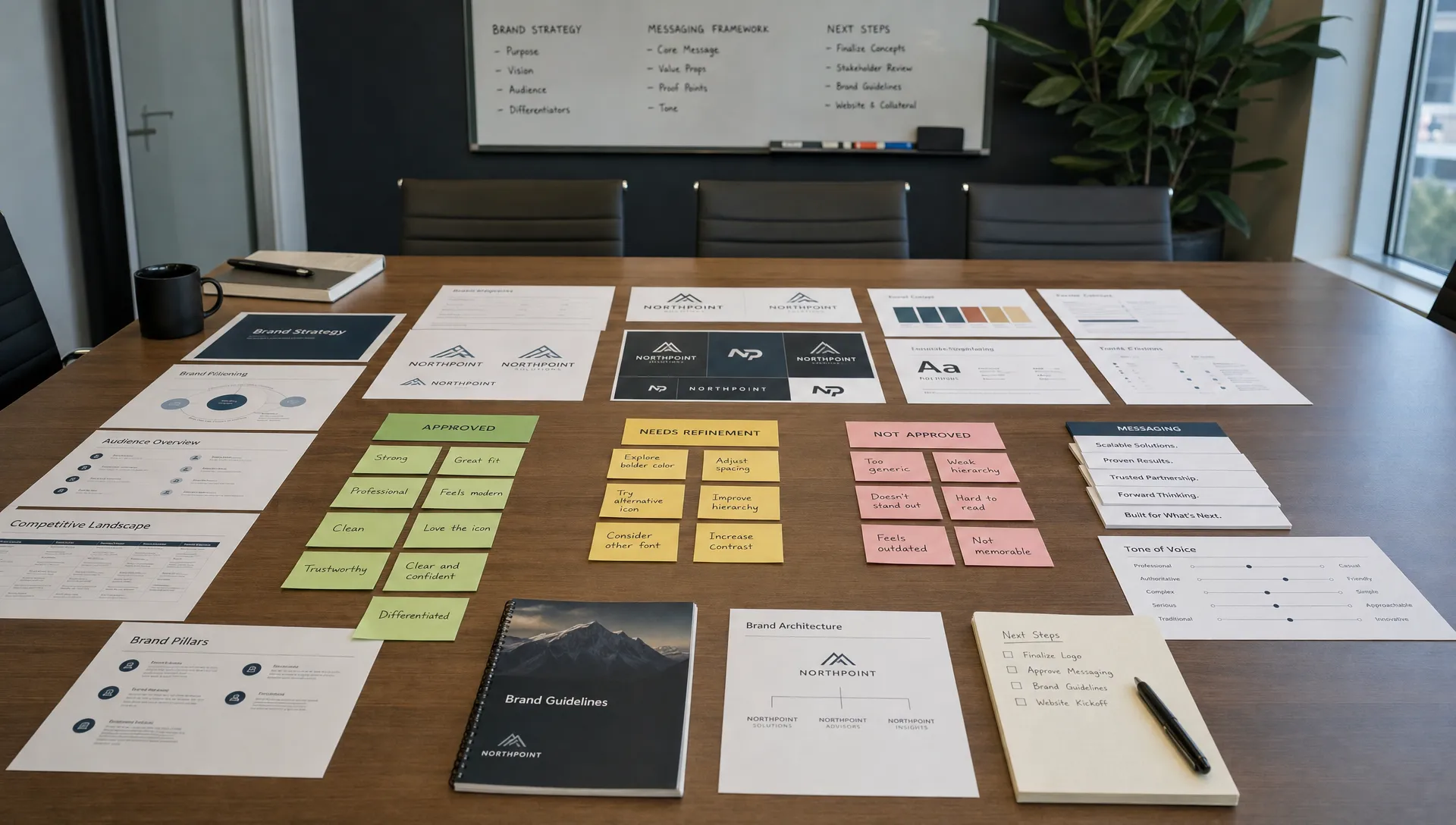 A conference room table covered with brand strategy worksheets, printed logo concepts, messaging cards, and colored sticky notes grouped into approval stages for a B2B branding project, with a wall board visible in the background.