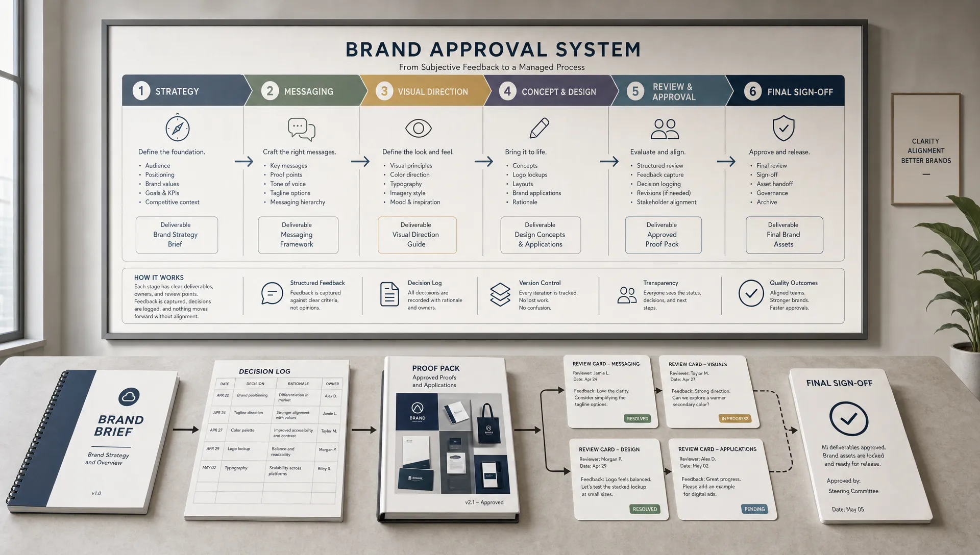 A conceptual scene of a brand approval system shown as a structured flow on a large wall board, with clear stages for strategy, messaging, visual direction, and final sign-off. In front of it sits a clean table with a single brand brief, a decision log, a proof pack, and a few annotated review cards connected by arrows, showing how subjective feedback becomes a managed process. No people are present; the focus is on the operating system behind revision control, not a desk-bound office scene.