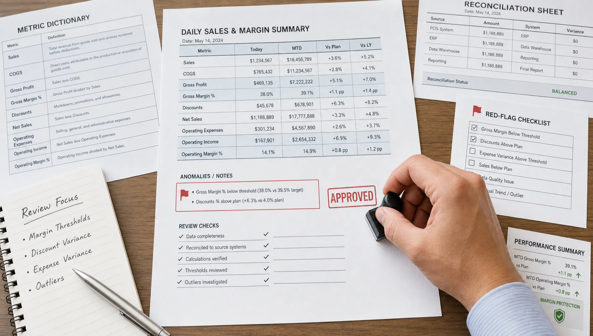 A symbolic close-up of a clean reporting and QA control station on a desk, with a printed metric dictionary, a reconciliation sheet, a red-flag checklist, and a neatly clipped performance summary aligned around one central data page. A hand places a small approval stamp beside an anomaly note, suggesting reporting accuracy, validation, and margin protection without showing a full office workflow.