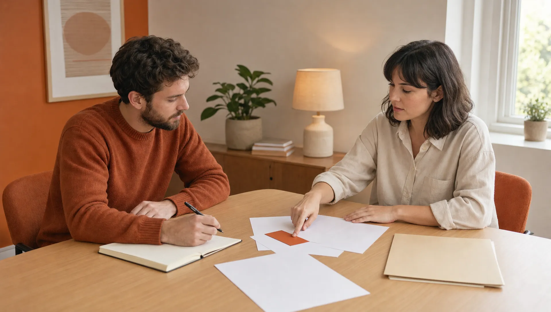 Two adults review a failed release at a table with a notebook, folder, and a burnt orange review card.