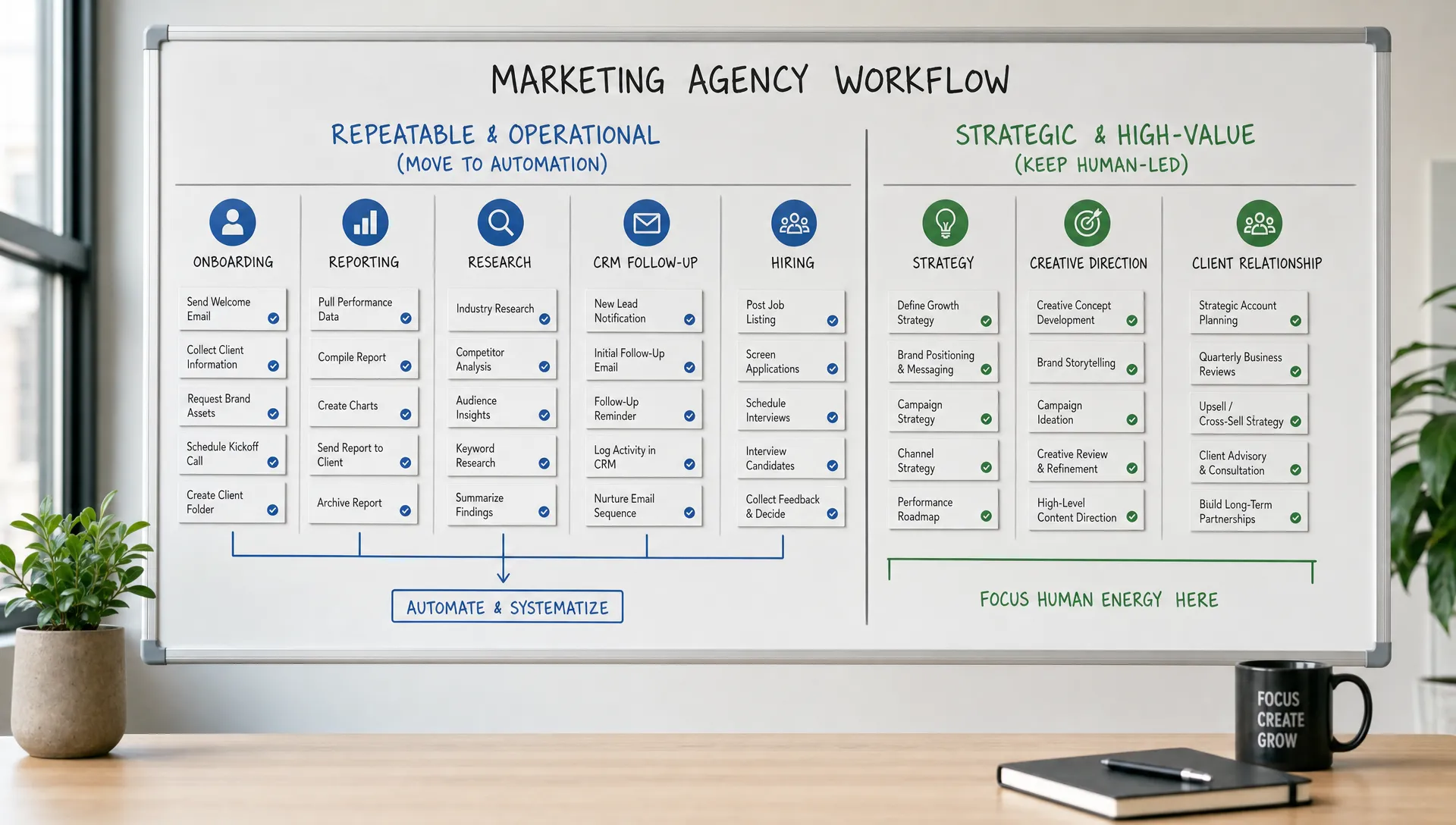 A marketing agency workflow board with cards for onboarding, reporting, research, CRM follow-up, and hiring, showing repeatable tasks moving into an automation lane while strategic work stays separate.