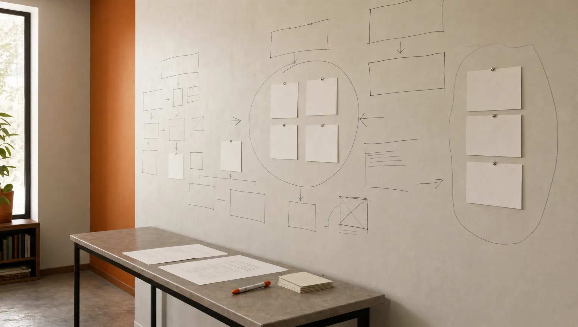 A quiet agency room shows a wall of planning shapes above a table with brief notes.