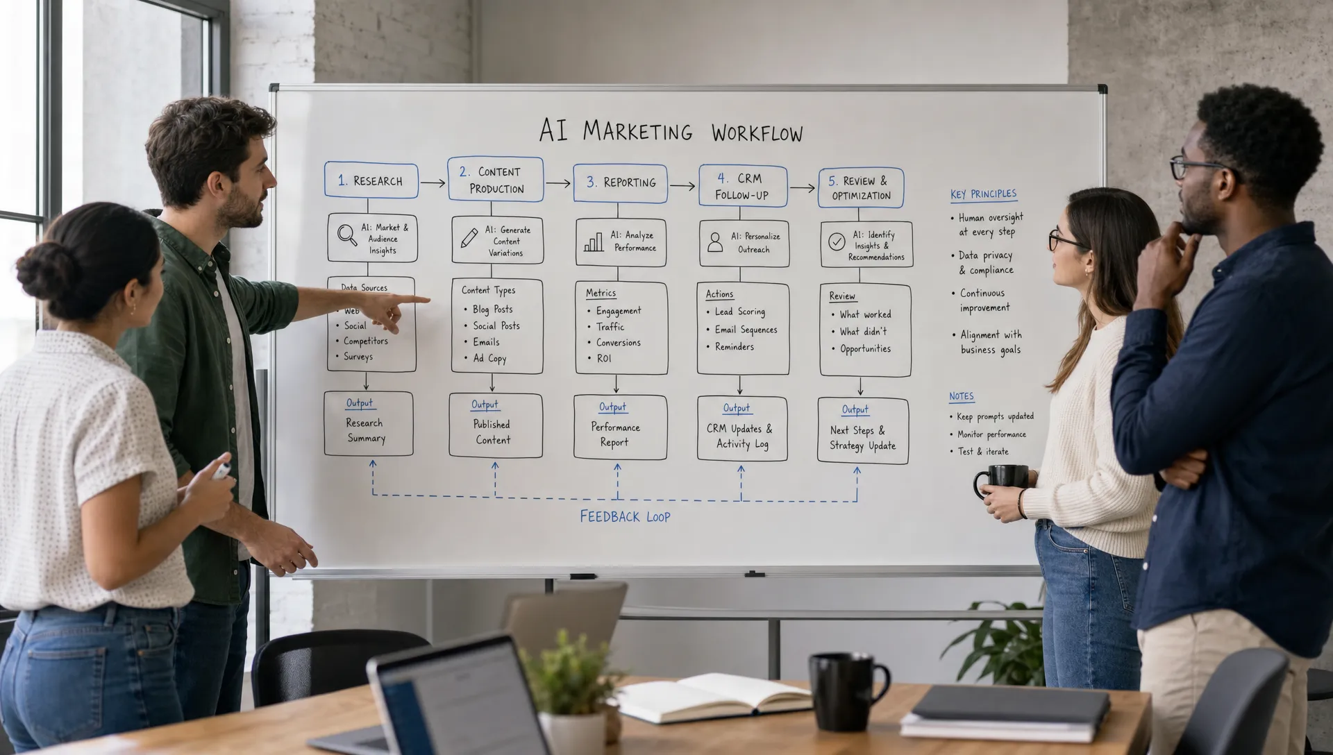 A small marketing team standing beside a whiteboard that maps an AI workflow across research, content production, reporting, CRM follow-up, and review checkpoints.