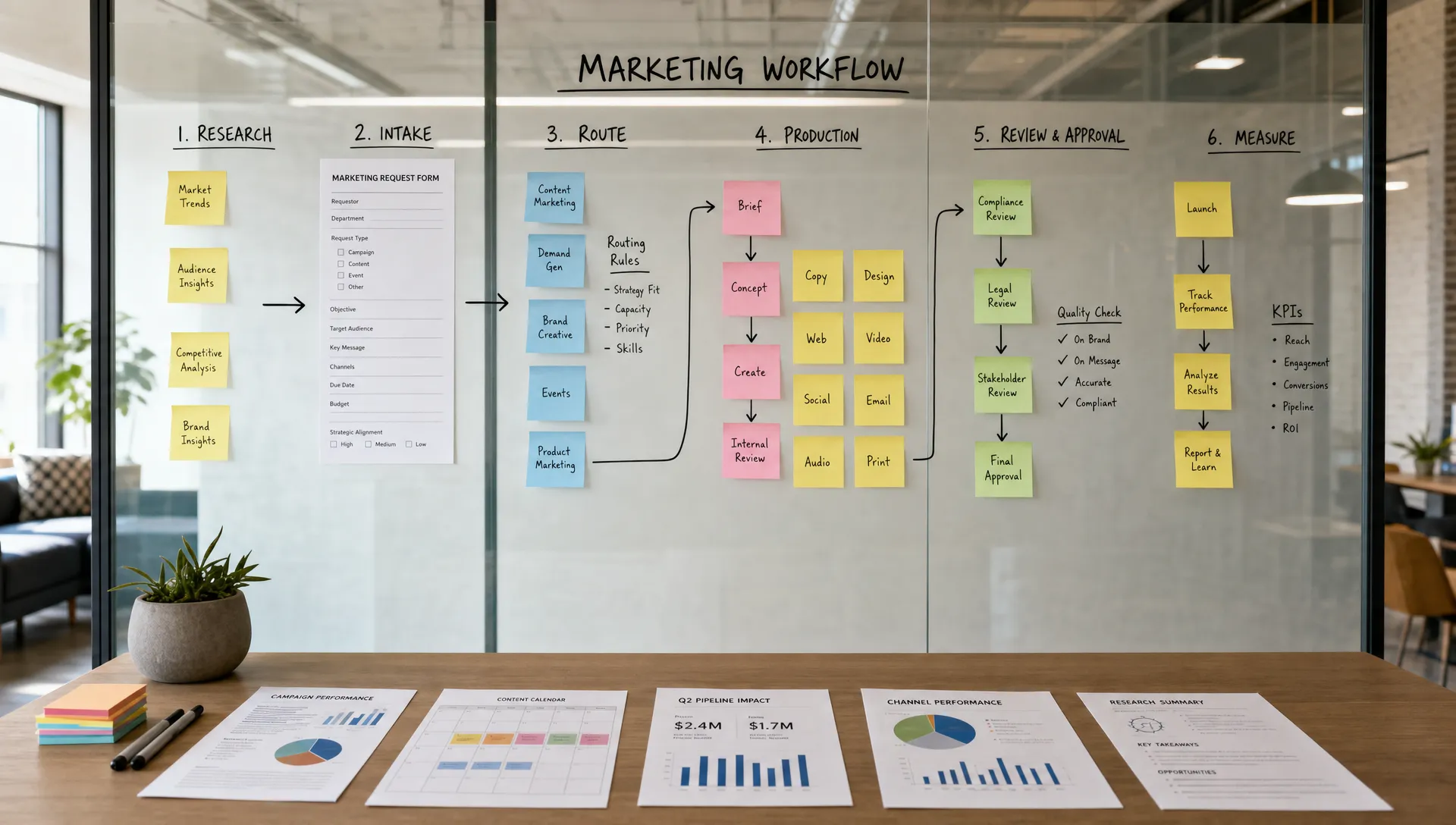 A wide conceptual office scene showing a marketing department workflow mapped across a glass wall with sticky notes, connected arrows, intake forms, review checkpoints, and a few printed reports on a table below. No screens are visible, and the composition emphasizes the flow between research, routing, production, approval, and measurement rather than a single desk setup.