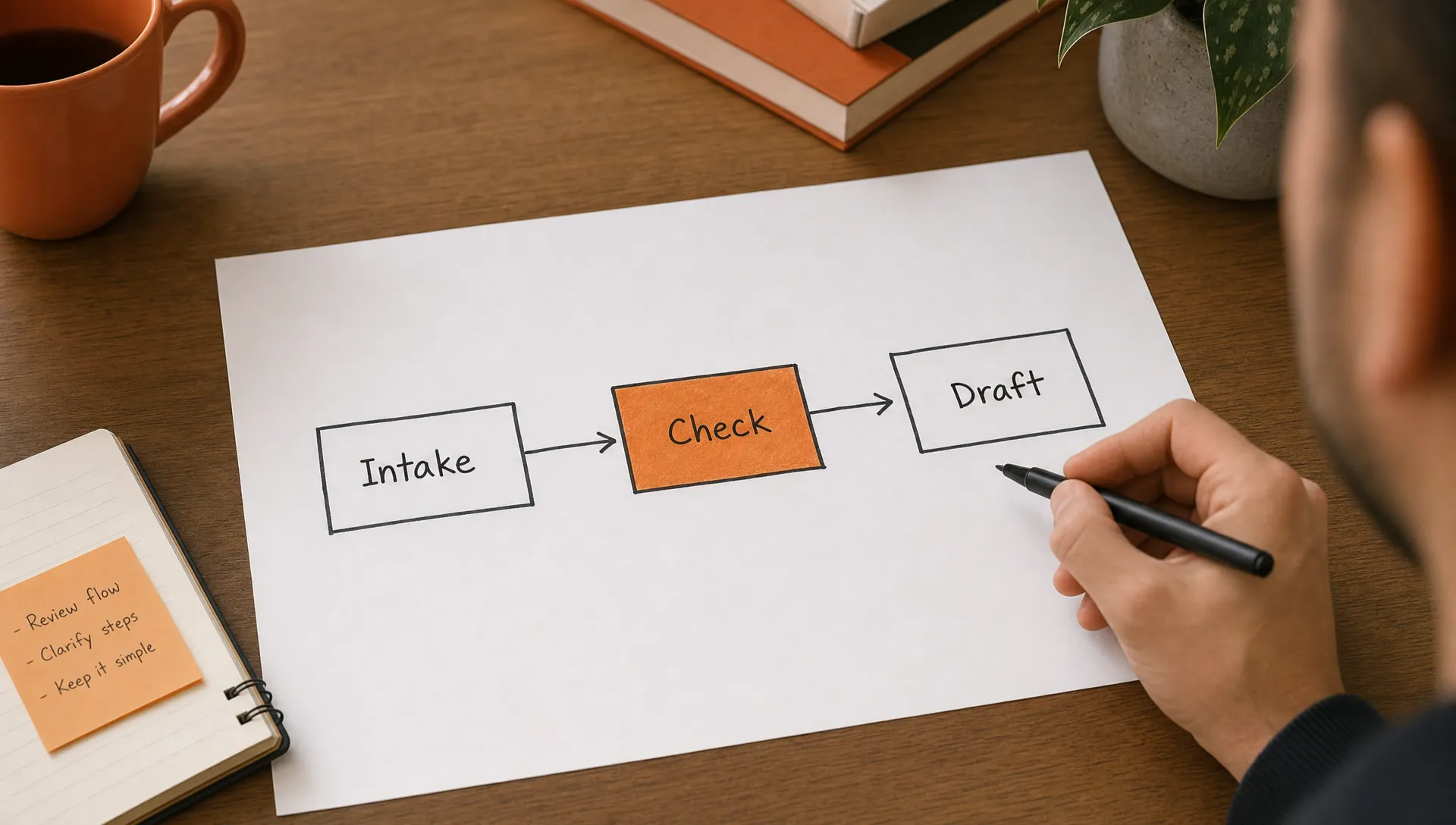 A simple workflow sketch shows Intake, Check and Draft as three plain boxes connected by arrows, with the Check box in burnt orange.