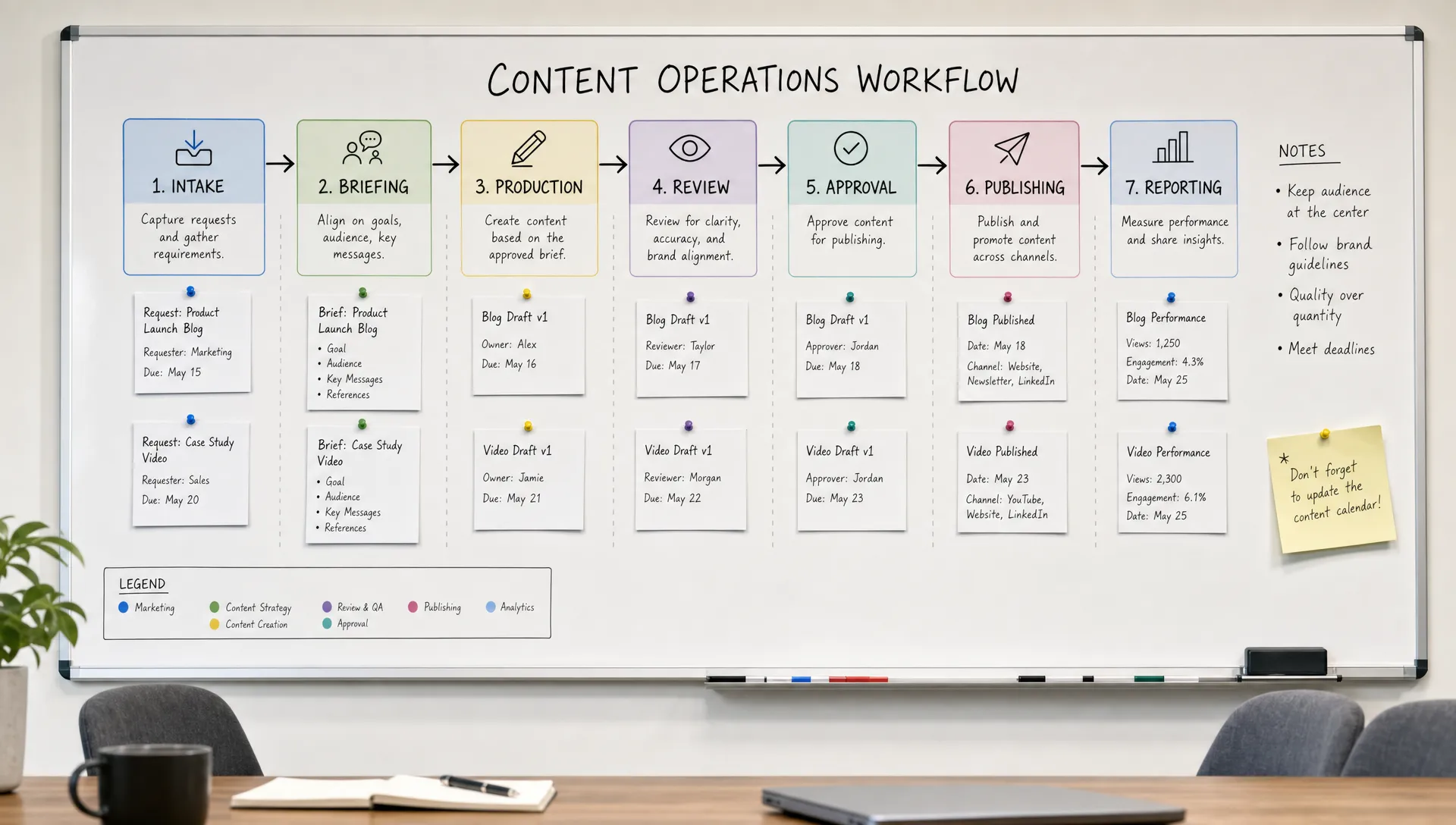 A content operations workflow board showing intake, briefing, production, review, approval, publishing, and reporting stages connected by clear handoff arrows, viewed straight on in a meeting room with a few task cards and notes pinned beside the stages.