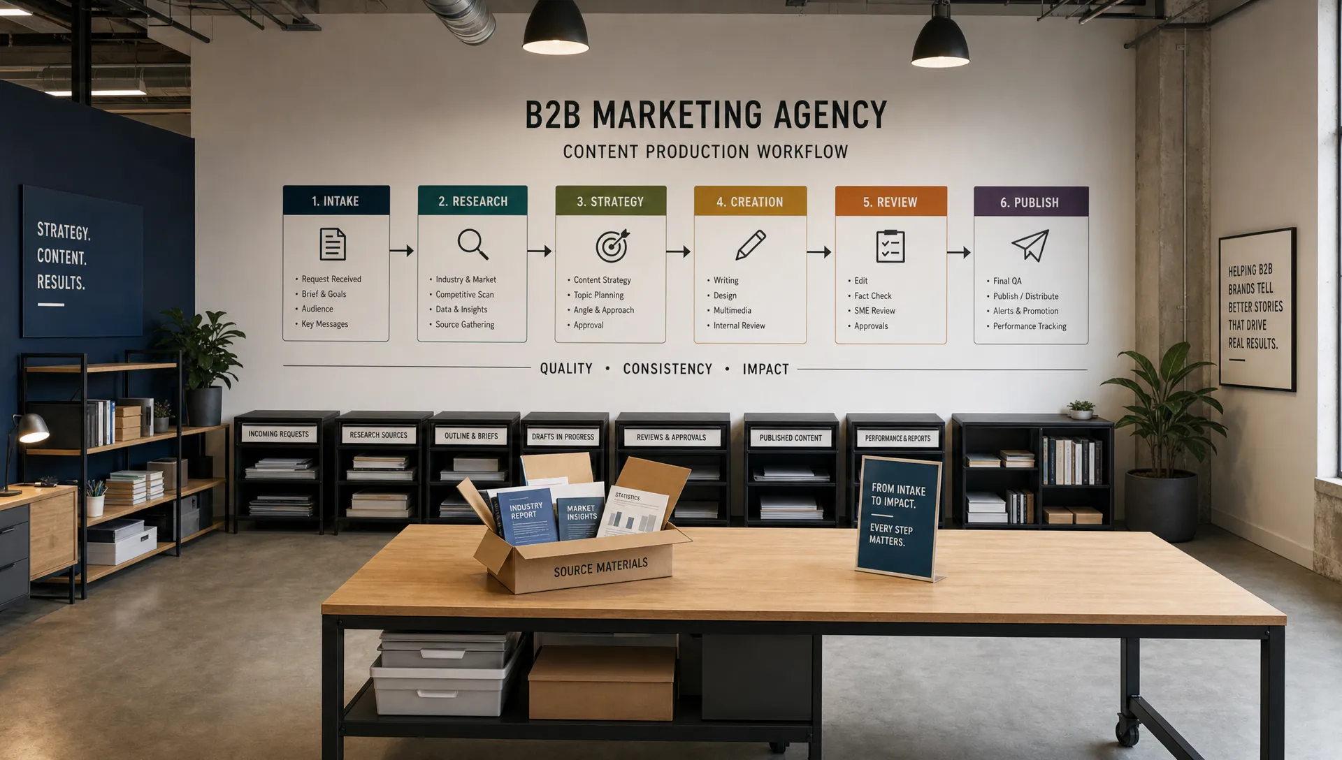 A wide establishing scene of a B2B marketing agency production space at the moment content moves from intake to publishing, with a central workflow wall showing clearly labeled stages, a few labeled document trays, and a single open package of source materials on a long table. No people are present. The composition should feel like the operational backbone behind content delivery, with the room itself and the connected process map as the focus, rather than a desk-bound office scene.