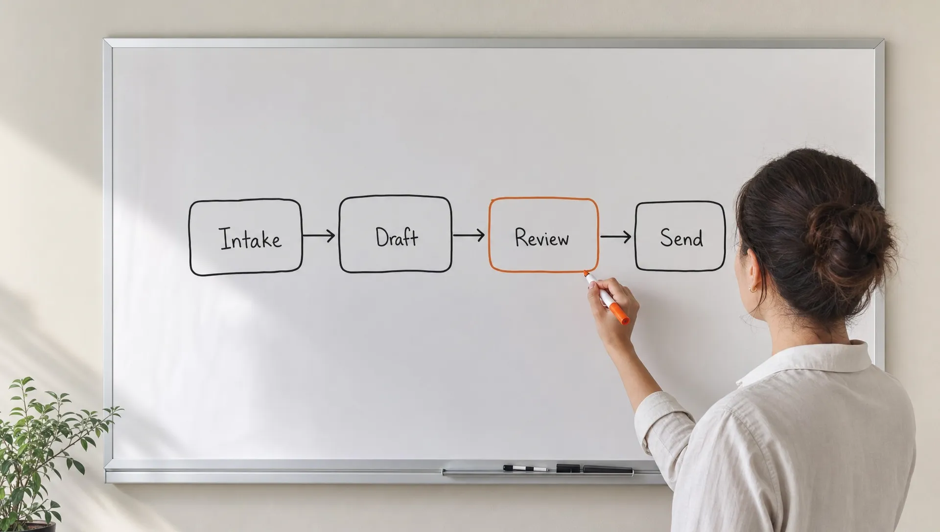 A simple workflow on an off-white background shows intake, draft, review, and send as connected boxes with a burnt orange marker at review.