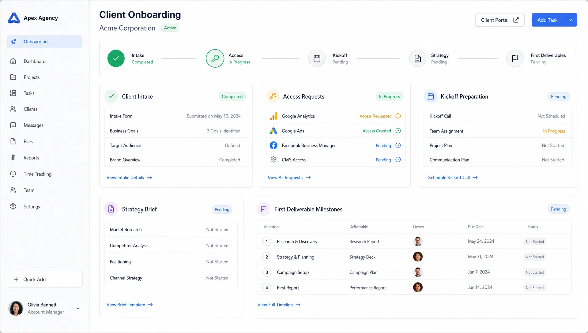 A clean agency onboarding workspace showing client intake status, access requests, kickoff preparation, strategy brief sections, and first deliverable milestones arranged in a simple dashboard.