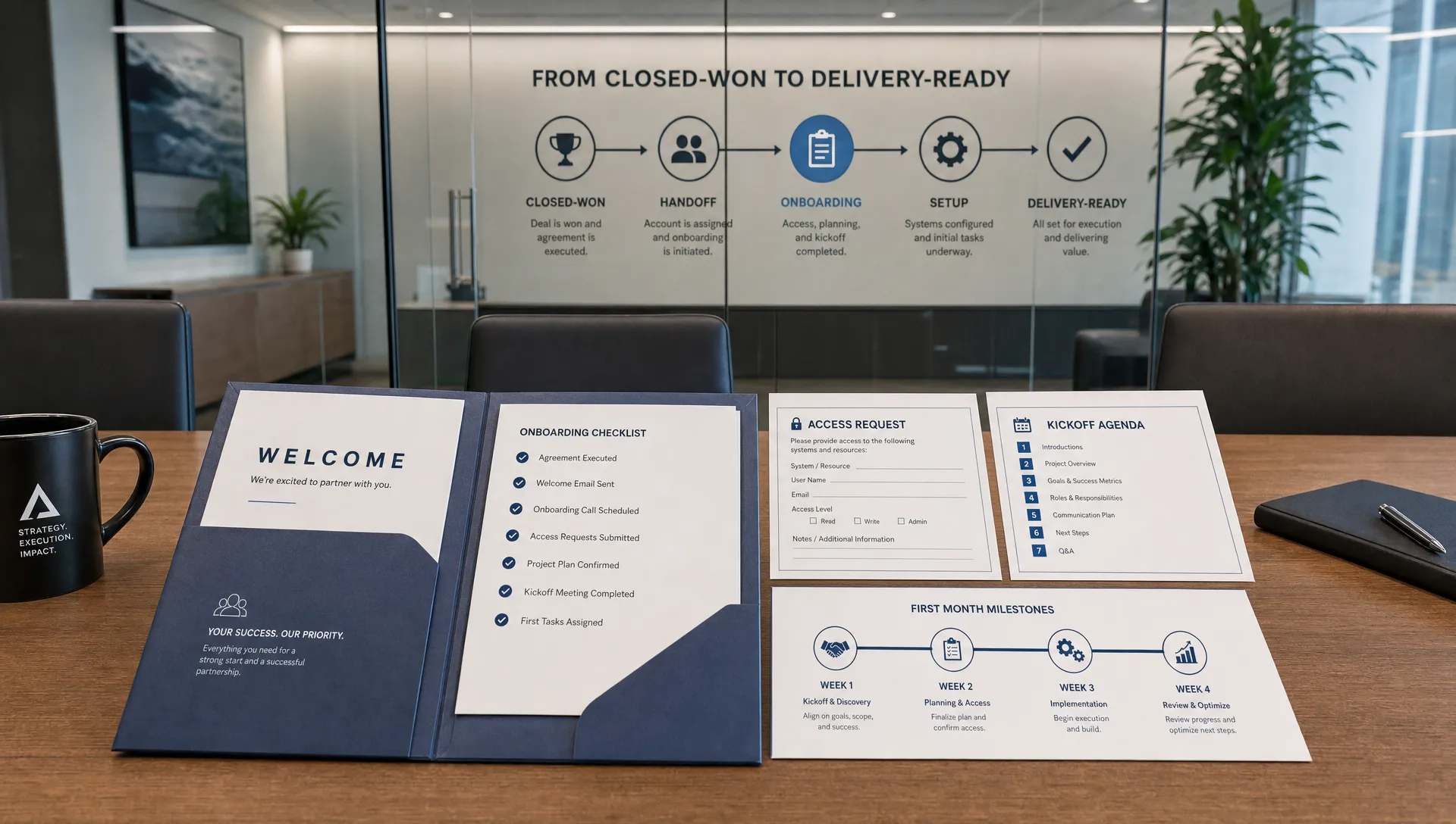 A clean onboarding intake scene centered on a single open folder of a new client welcome packet, with a checklist, access request sheet, kickoff agenda, and first-month milestone timeline spread neatly across a conference table. In the background, a glass wall shows a simple path from closed-won to delivery-ready with connected steps, making the handoff and setup process feel clear and controlled. No people are present.
