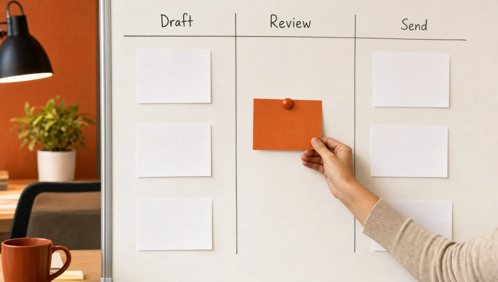 A simple handoff diagram shows blank boxes for Draft, Review and Send, with one burnt orange task card paused in Review and waiting to move on.
