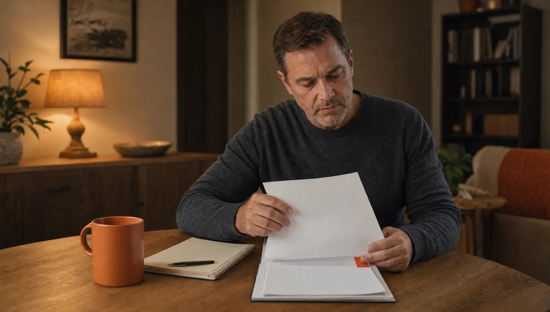 An agency owner at a dining table opens a report packet beside a notebook and a burnt orange tab needing attention.
