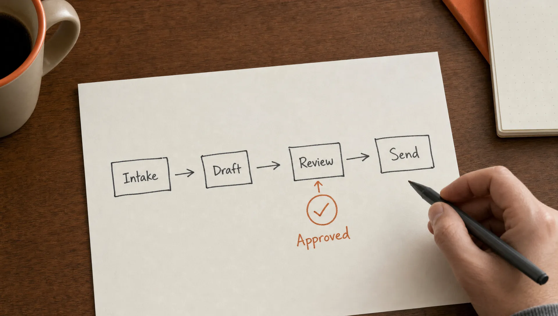 A simple hand-drawn review path for landing pages ai work, showing intake, draft, review and send as quiet labeled boxes connected by arrows, with one burnt orange approval marker on an off-white page.