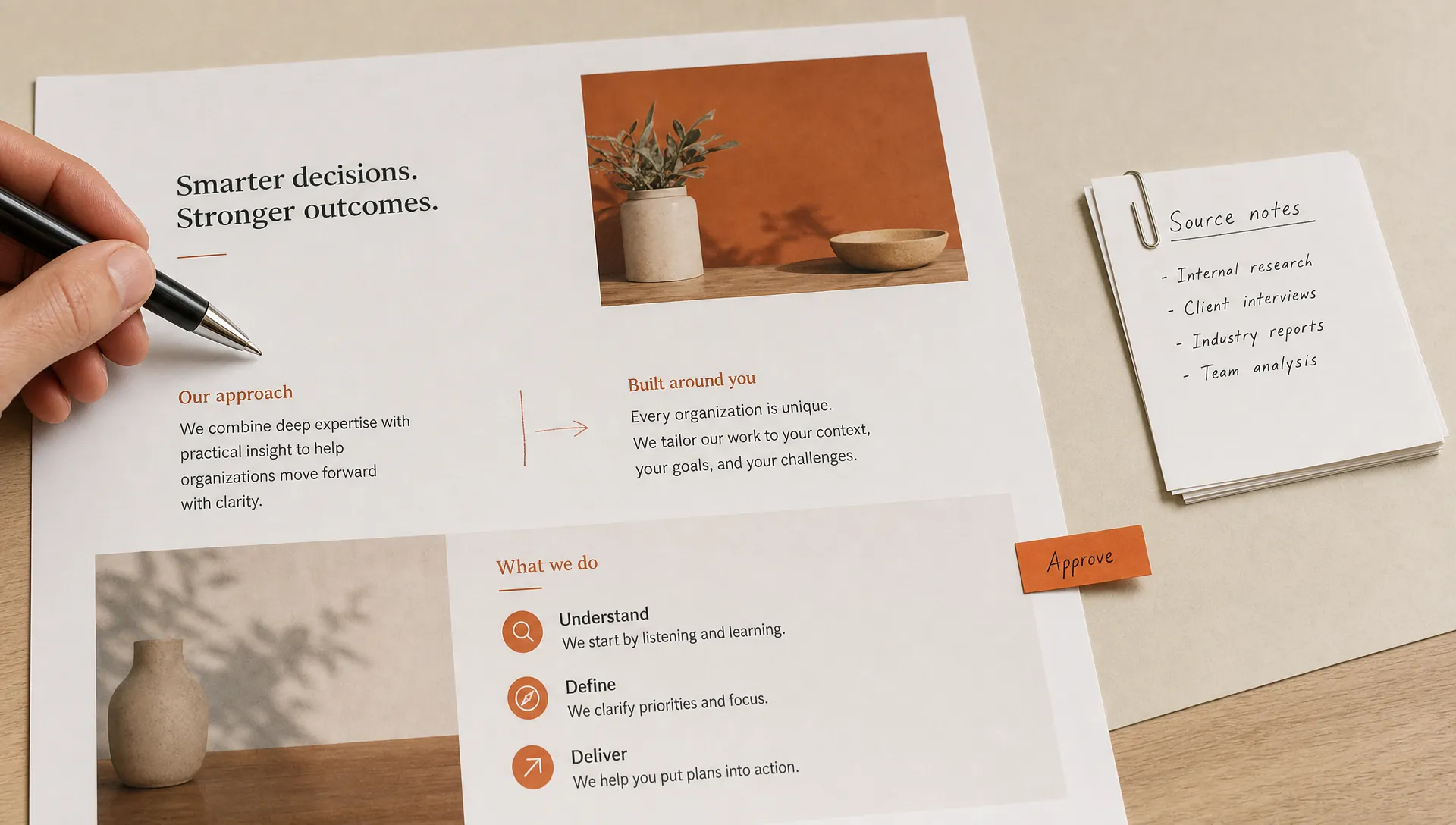 A landing page proof sits on a table with source notes, a pen and an approval tab for client review.