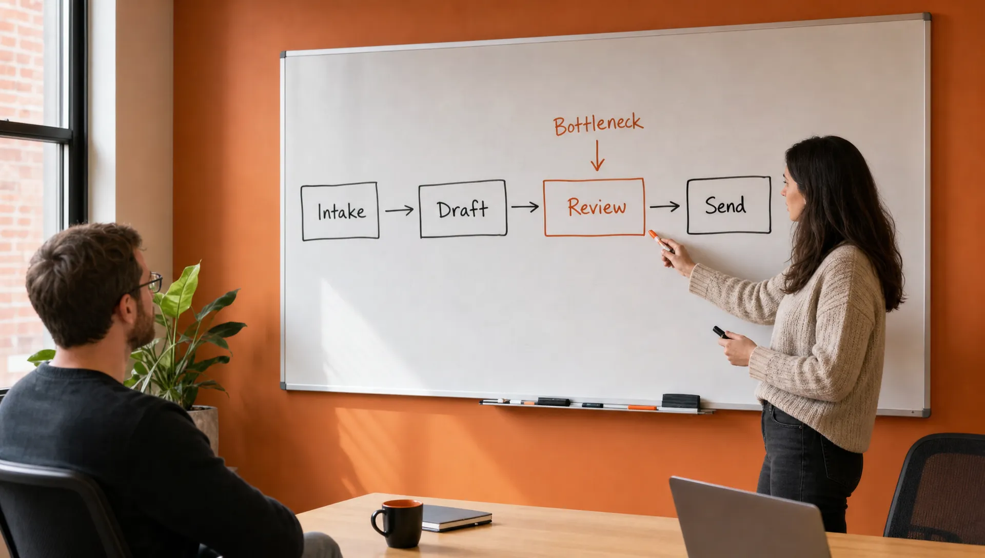 A simple workflow map shows intake, draft, review, and send as connected boxes, with one bottleneck marked in burnt orange.