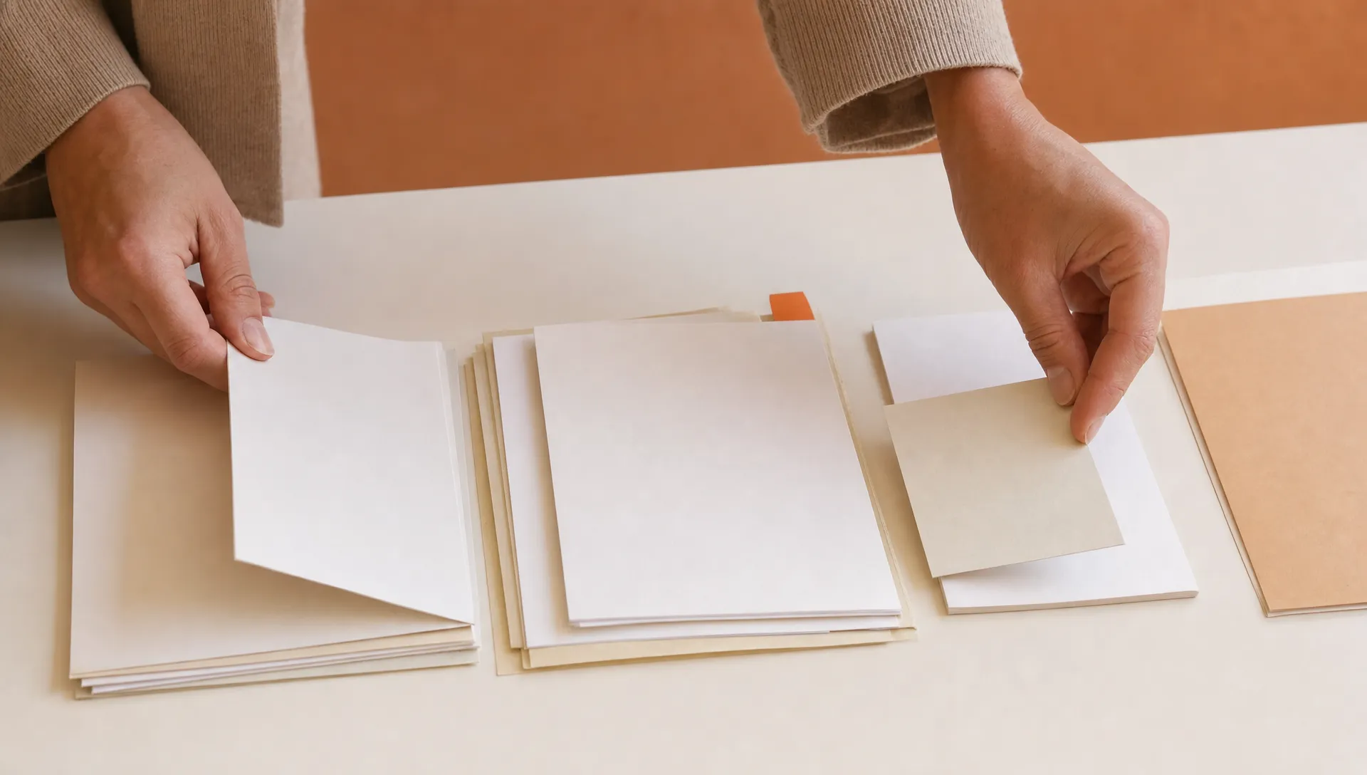 Hands move an intake packet through a brief, review, and send workflow on a sparse desk.