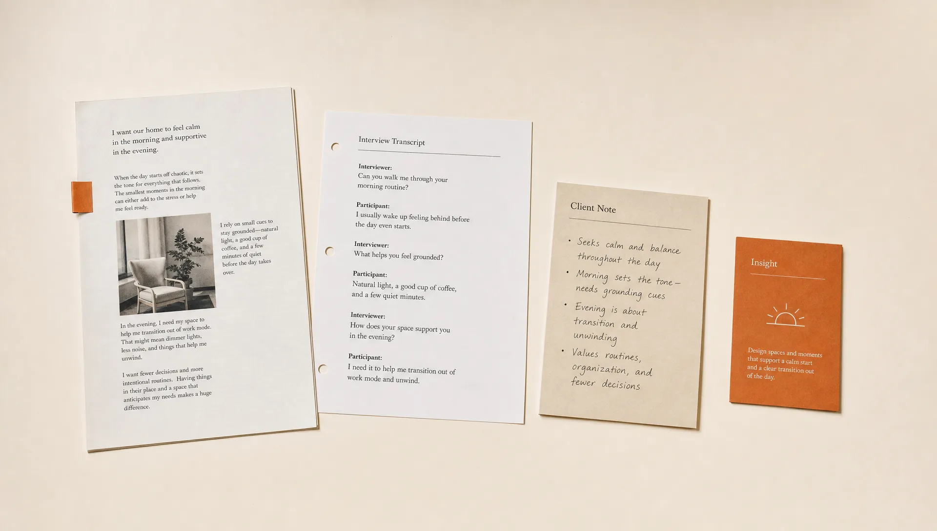 A source trail of article pages, a transcript sheet, and client notes is laid out on a table, with one orange marker tab highlighting the source page.