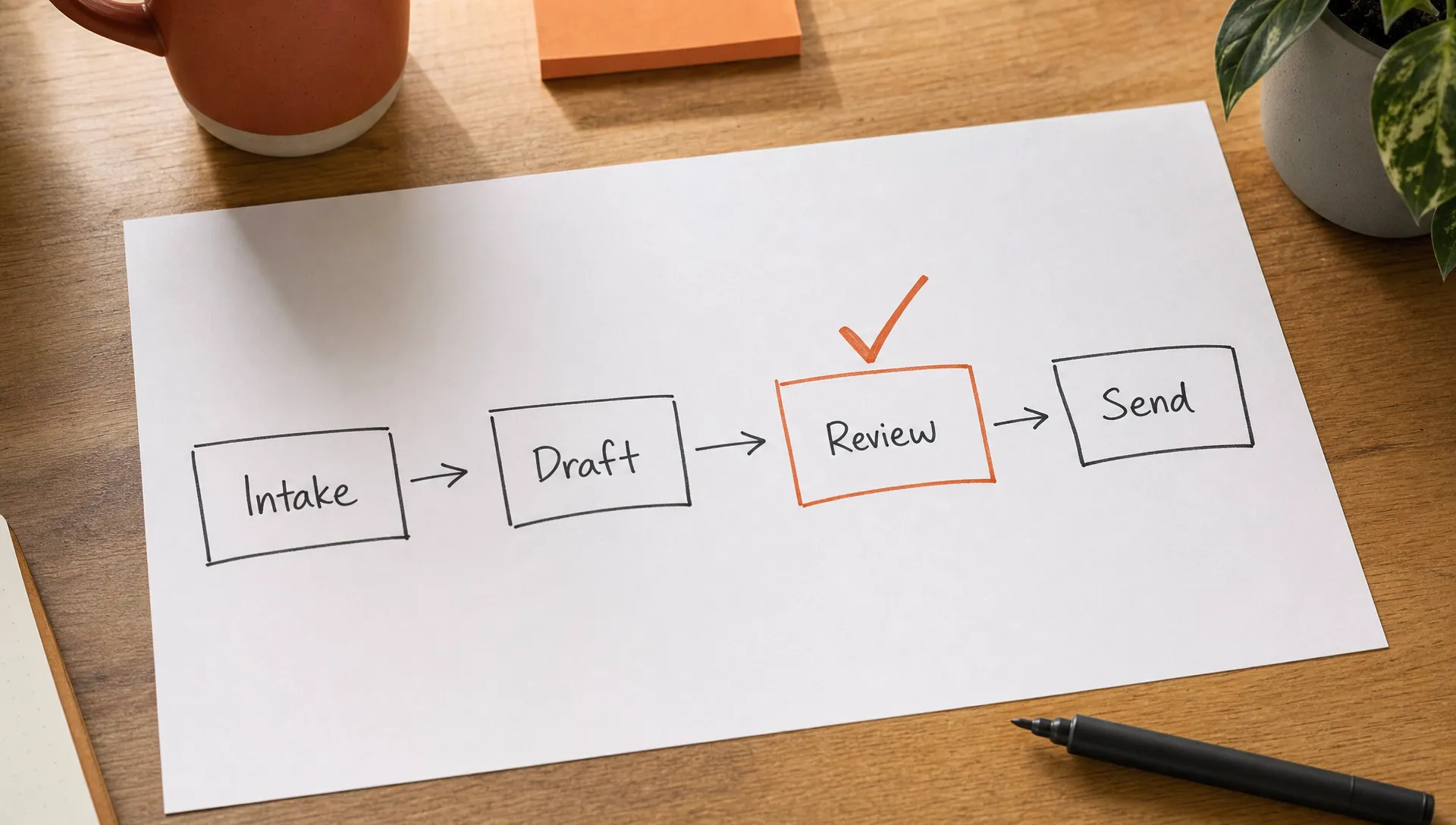 A simple workflow with four boxes for intake, draft, review and send, connected by loose arrows, with one burnt orange mark on review.