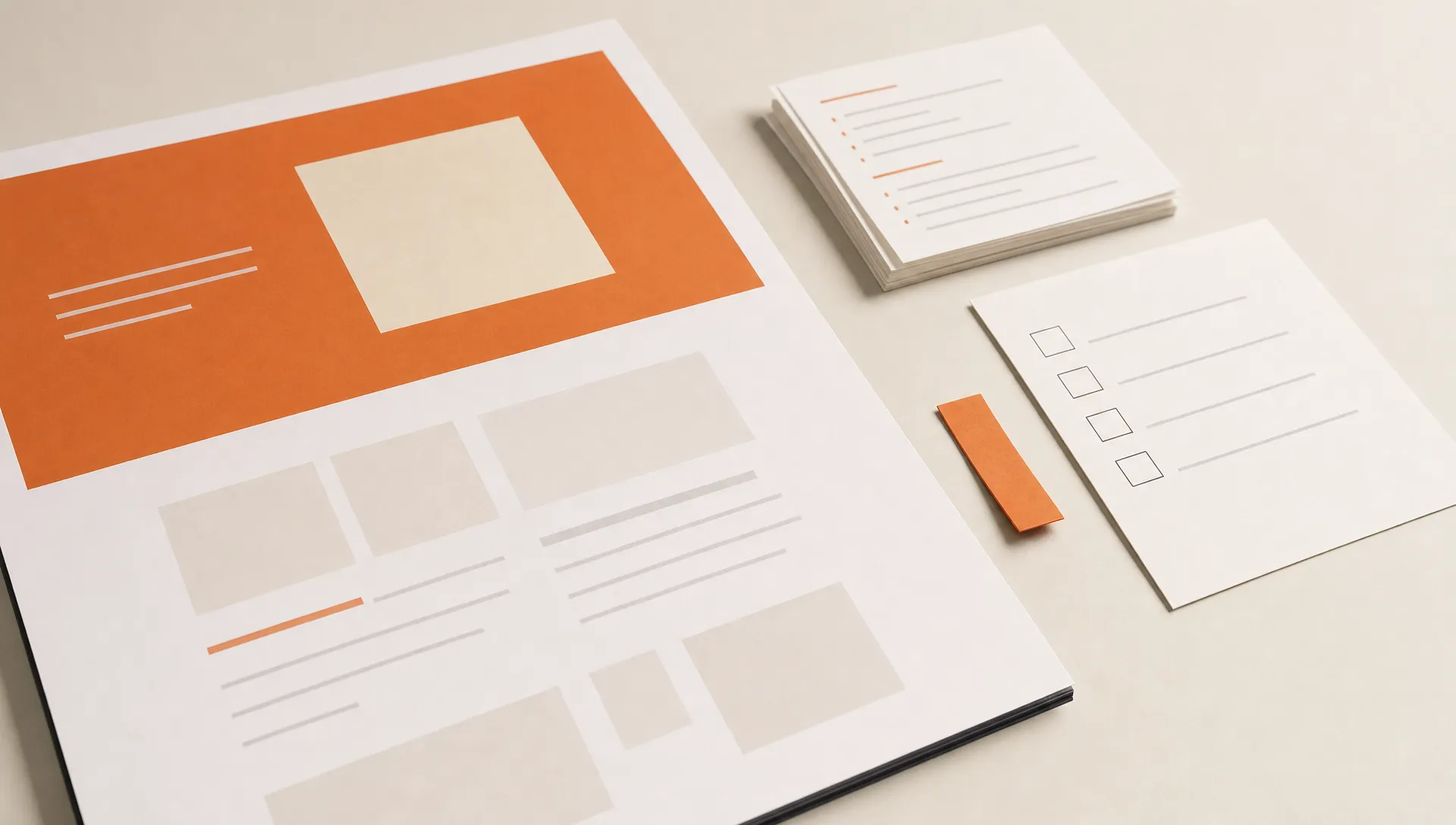 A landing page review table shows a mockup, source notes, and a marked check item before launch.