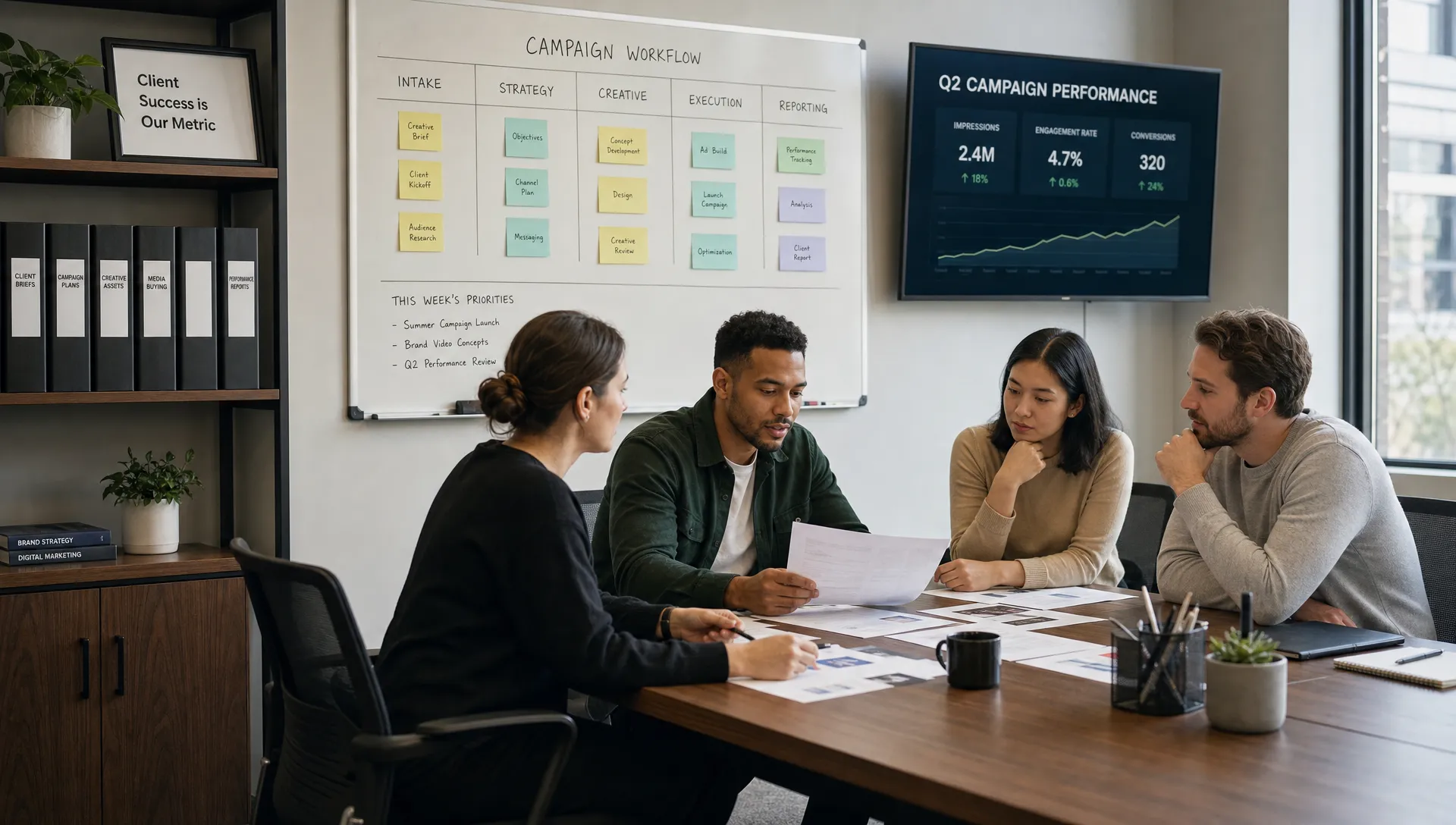 A calm agency operations room with organized workflow boards, client folders, and a small team reviewing printed campaign notes around a conference table. The scene emphasizes structure, visibility, and coordinated client delivery without clutter.