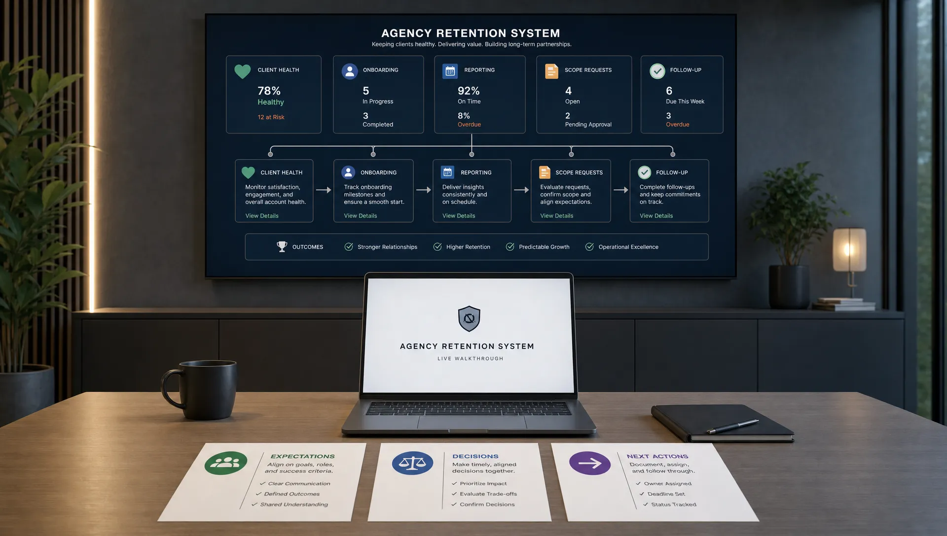 A conceptual scene of an agency retention system visualized as a clean control dashboard in a modern workspace, with one large wall display showing client health signals, onboarding milestones, reporting cadence, scope requests, and follow-up status connected by simple lines. In the foreground, a single open laptop faces the camera on a table with a blank-looking screen used for a live system walkthrough, alongside a few neatly arranged cards for expectations, decisions, and next actions. No people are present; the focus is on keeping client relationships stable through visible operations and controlled workflow.