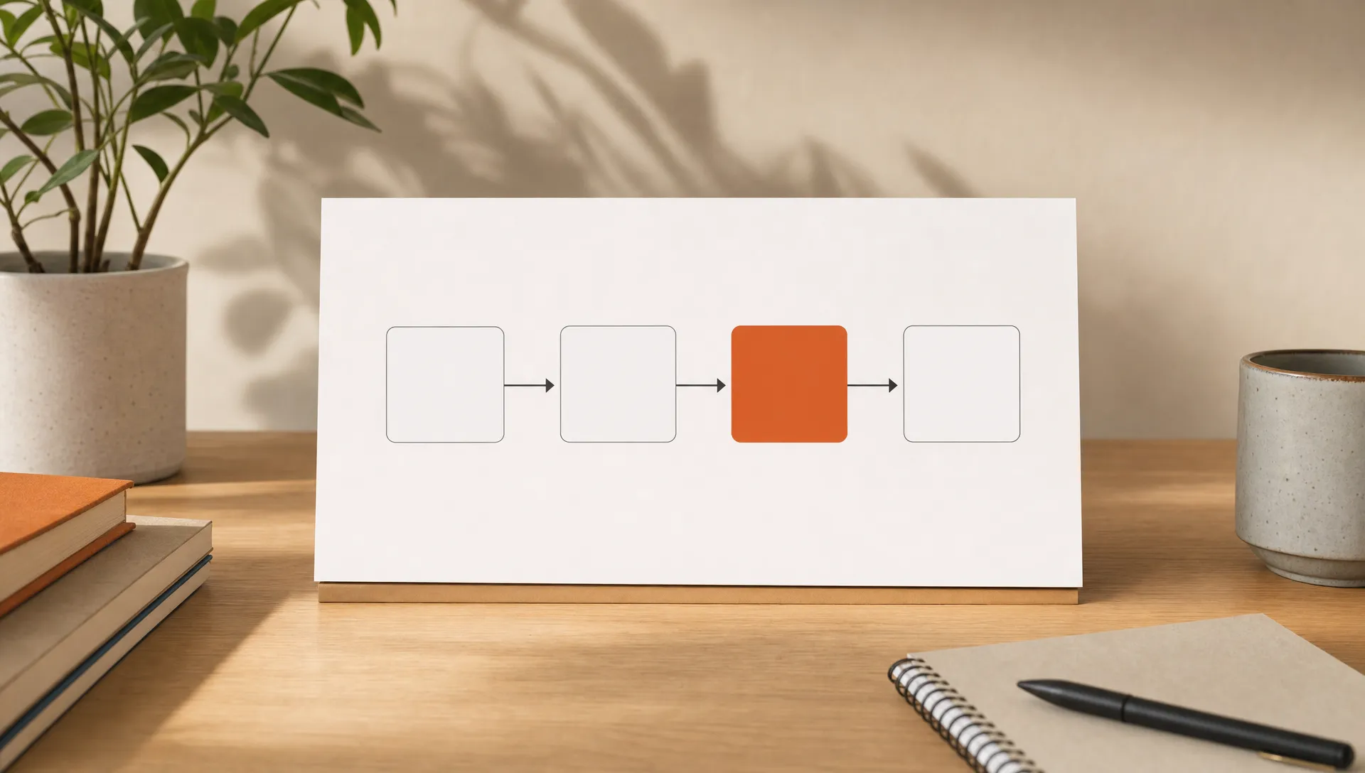 A simple workflow diagram with blank boxes for intake, draft, review and send, connected by arrows, with one burnt orange highlight on the review step.