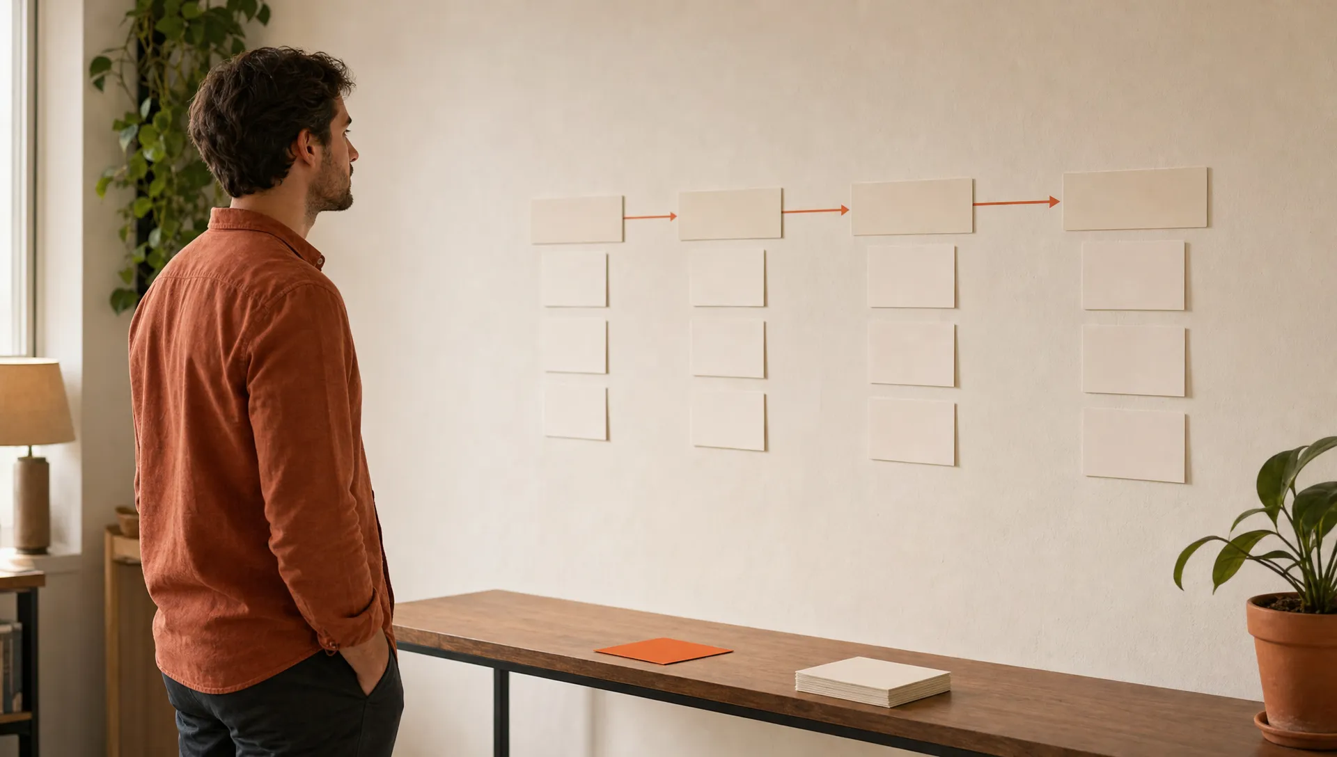 A delivery lead checks a handoff map for turning client feedback into production work in a B2B agency.