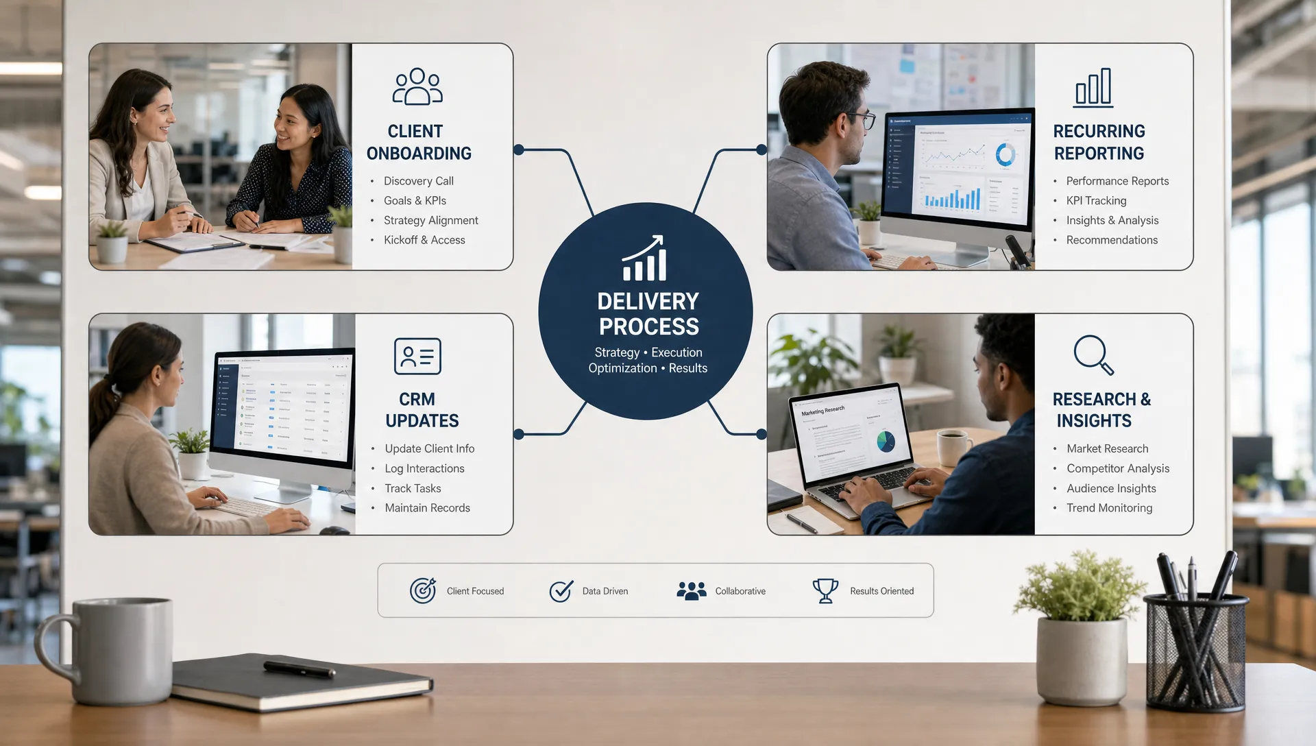 A marketing agency operations workspace showing client onboarding, recurring reporting, CRM updates, and research steps connected around a central delivery process.