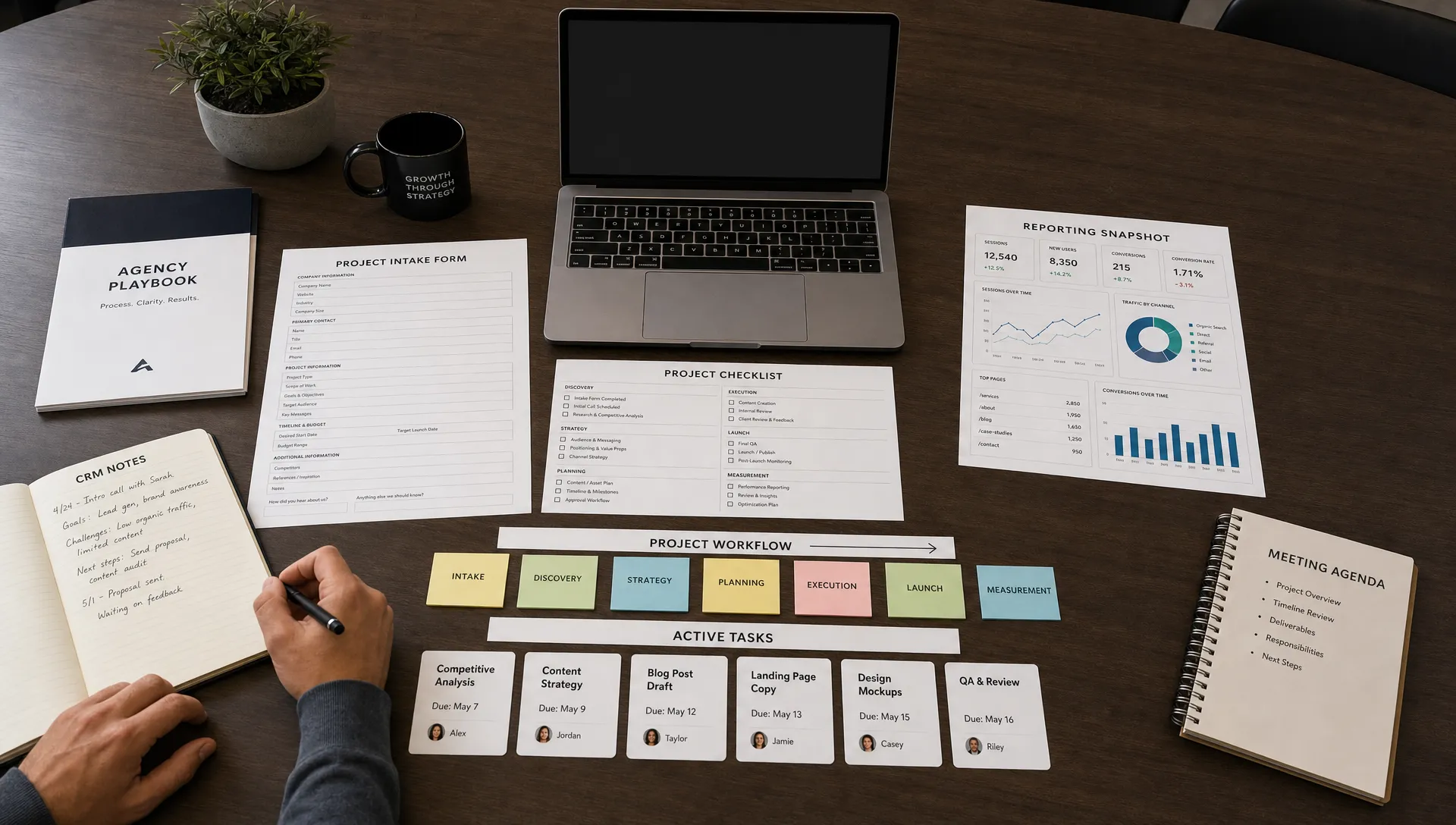A B2B marketing agency operations scene viewed from above, with a central intake form, checklist pages, reporting sheets, CRM notes, and task cards arranged around a single delivery workflow on a conference table. A laptop sits nearby with its screen facing the camera and no content visible on the screen, suggesting the agency’s process layer rather than creative production.