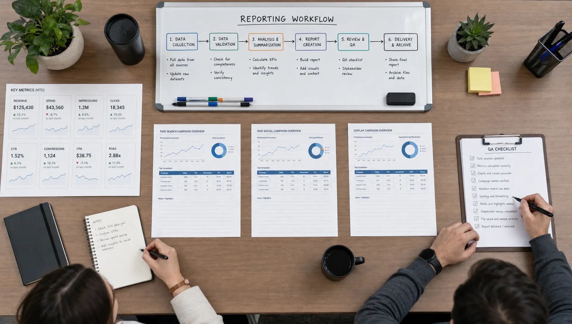A marketing agency operations workspace with a reporting workflow board, organized metric cards, campaign data sheets, and a simple QA checklist laid out on a table, seen from above across a long worktable.