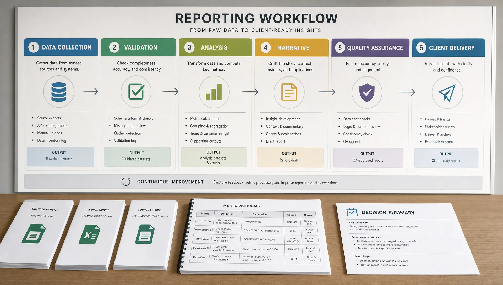 A wide conceptual scene of a reporting workflow broken apart into clear stages on a large wall board, with labeled lanes for data collection, validation, analysis, narrative, QA, and client delivery. In the foreground, a few neatly arranged source exports, a metric dictionary page, and a simple decision summary sheet sit on a long table, making the reporting system feel organized and dependable without showing a desk-bound office scene or a person at work.