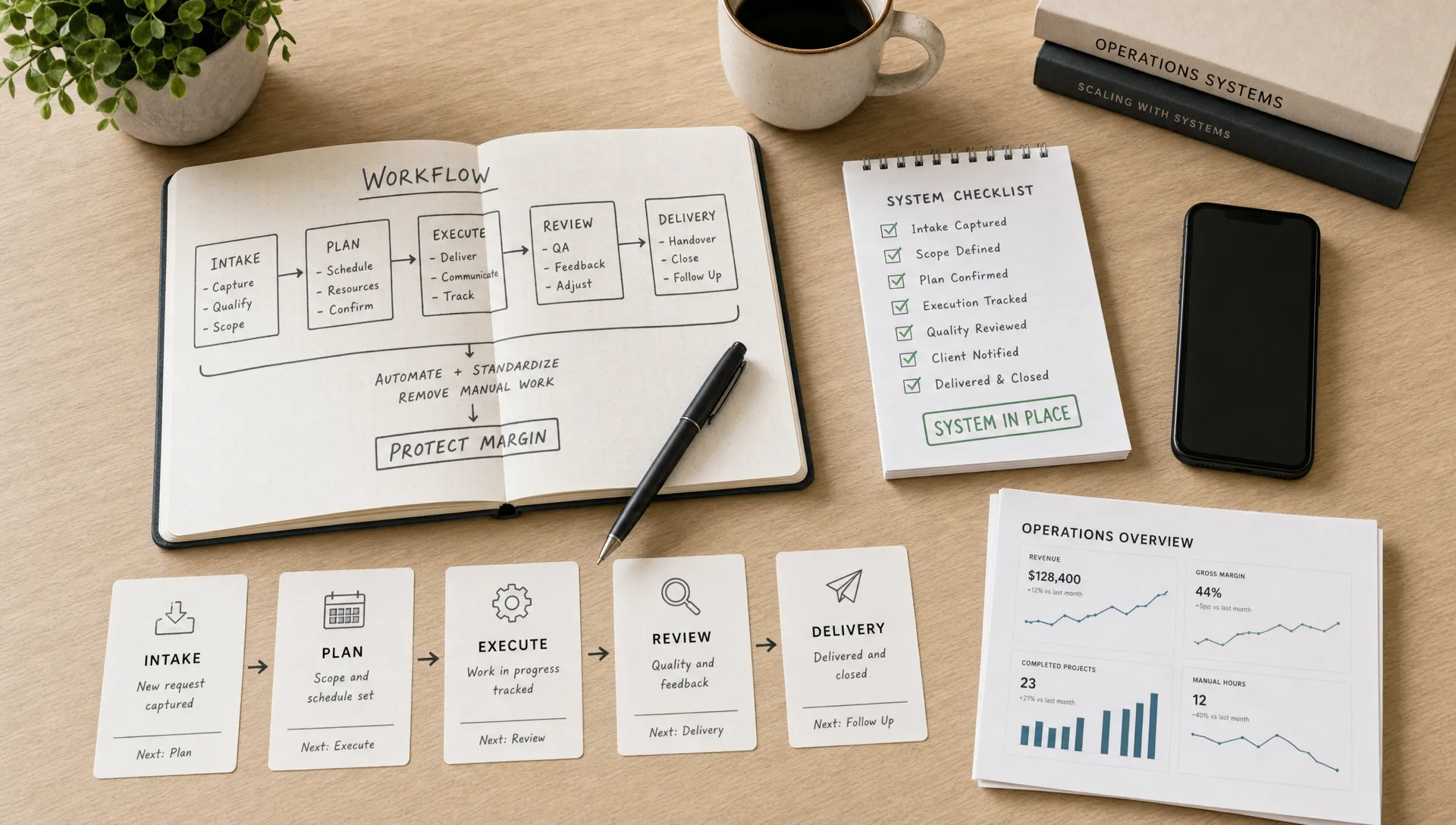 A symbolic overhead scene of a clean desk with an open notebook labeled with simple workflow stages, a pen, a stamped checklist, and a few neatly arranged task cards moving from intake to delivery, plus one small dashboard printout and a phone facing up with no visible content. The composition should feel like an operations system being designed to remove manual work and protect margin, with no people present.