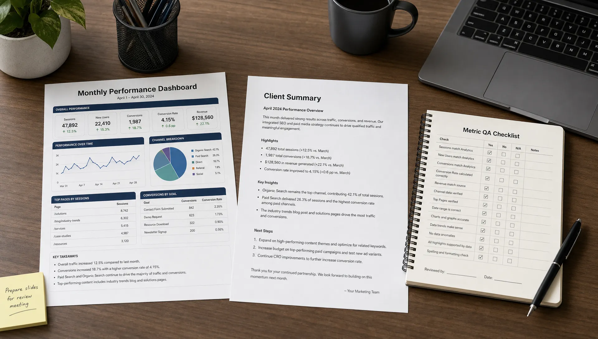 A clean agency reporting workspace with a dashboard printout, a written client summary, and a metric QA checklist, organized for a B2B marketing review on a desk.