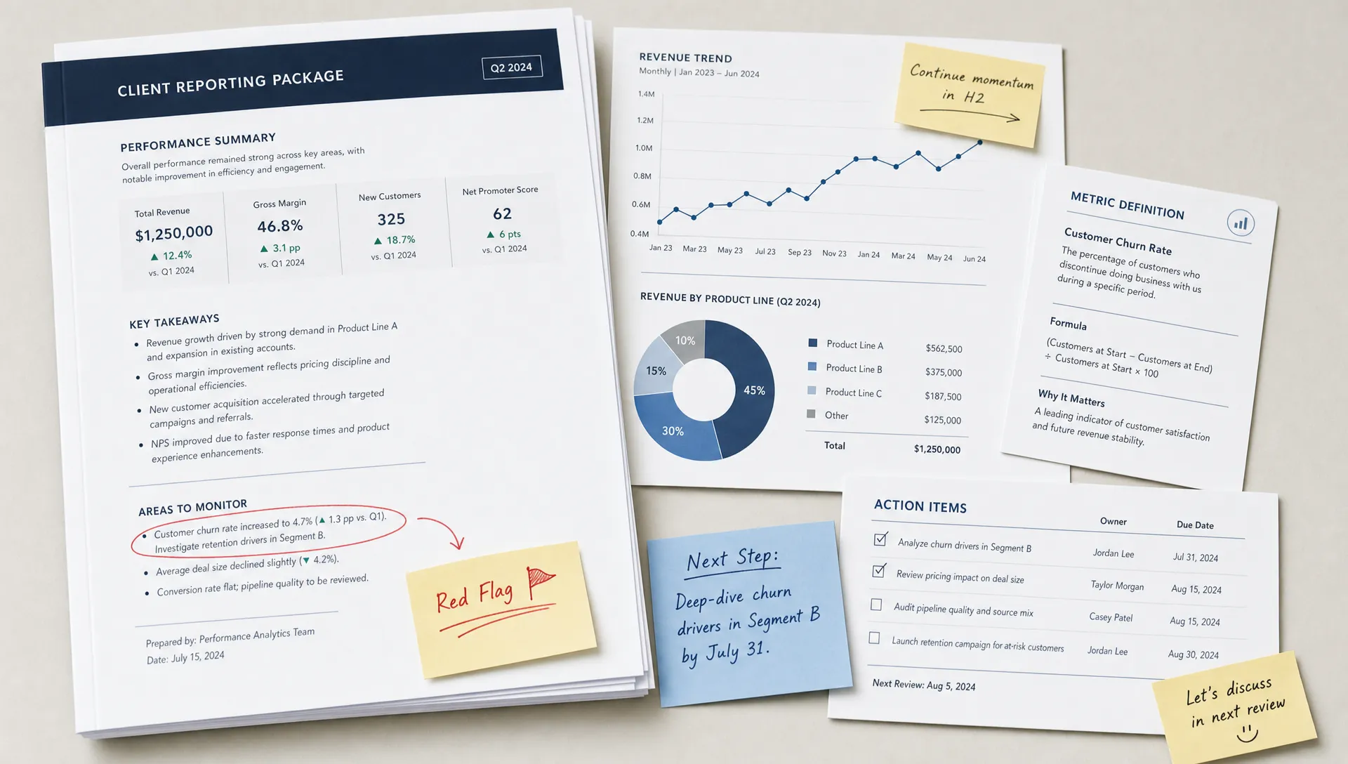 A conceptual close-up of a client reporting package arranged on a clean surface, with a performance summary page, a simple chart sheet, a metric definition card, and a short action list linked by a few marked notes. A small red-flag annotation and a clear next-step note make the report feel like a trust and decision tool rather than a generic office document stack. No people are present.