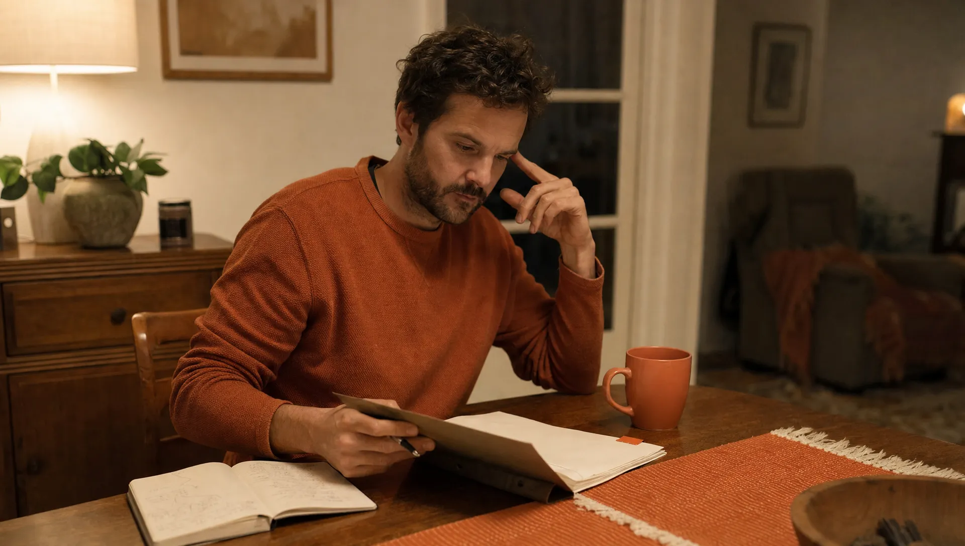 An adult founder reviews SaaS exit notes at a dining table after hours.