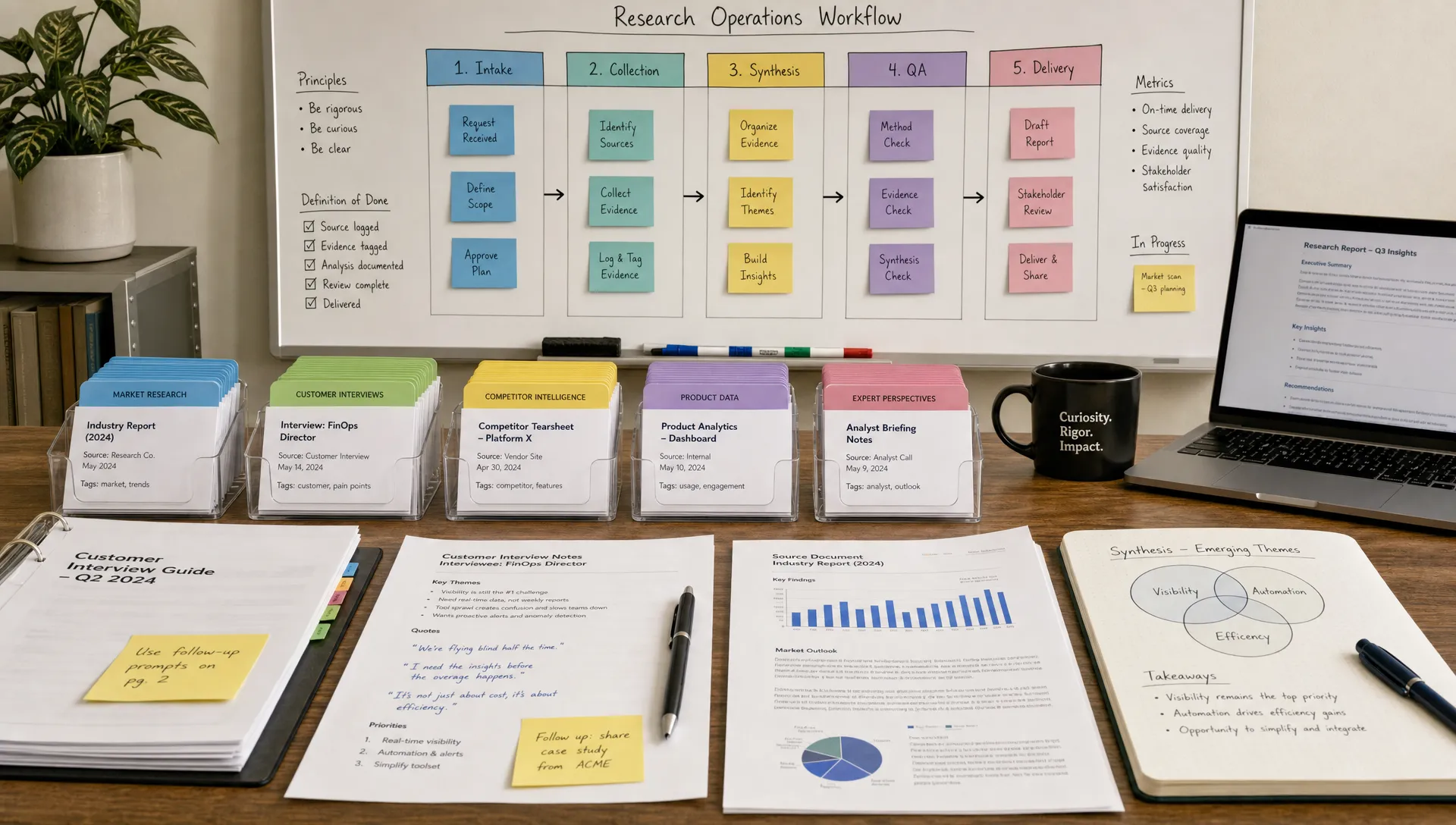 A research operations workspace with categorized evidence cards, printed customer interview notes, source documents, and a workflow board showing intake, collection, synthesis, QA, and delivery.