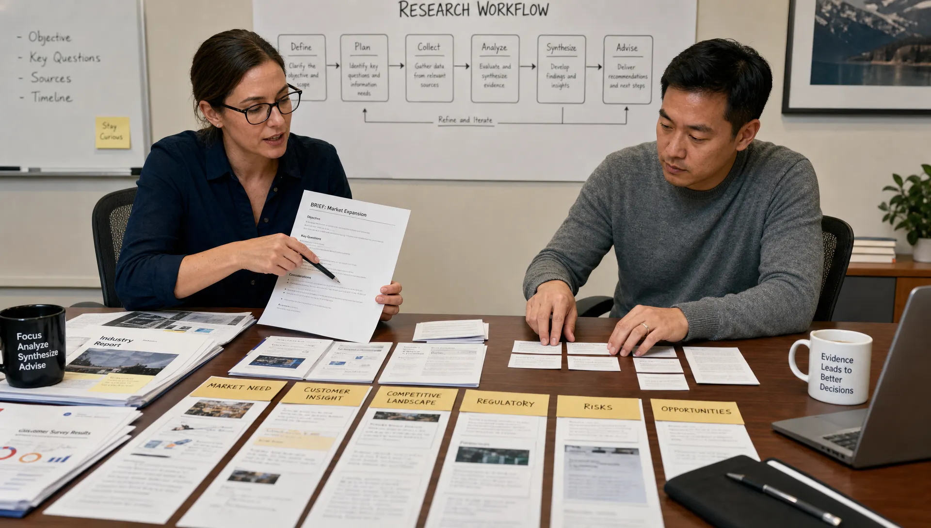 A landscape medium shot of two adult analysts in a working session over a conference table, one pointing to a printed brief while the other groups source pages and evidence cards into lanes for comparison. A wall in the background shows a simple research workflow map, and the foreground is anchored by the decision materials they are discussing.