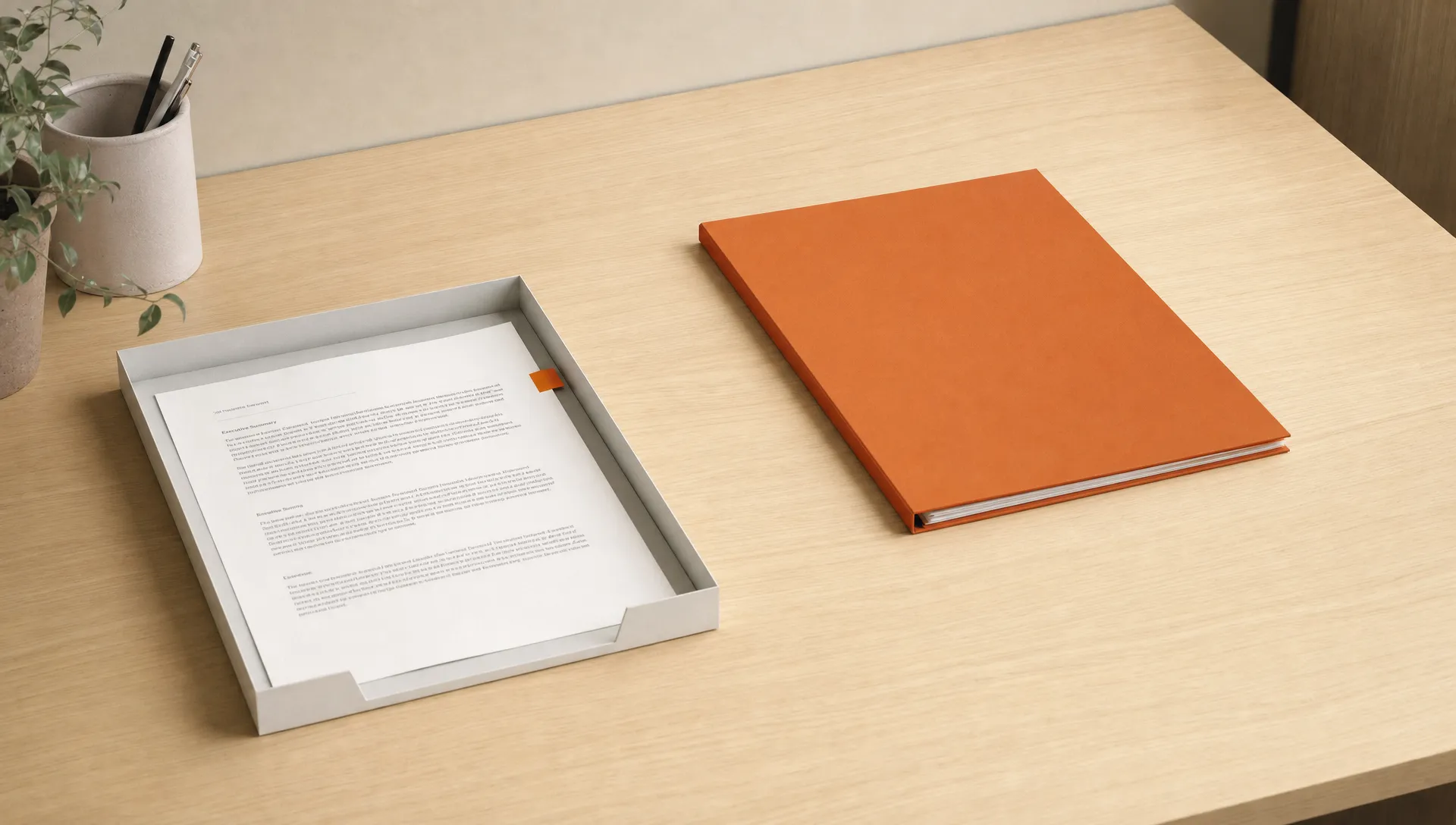 A loose review tray with a flagged report sheet beside a closed folder, marked by a single burnt-orange flag and plenty of empty space.