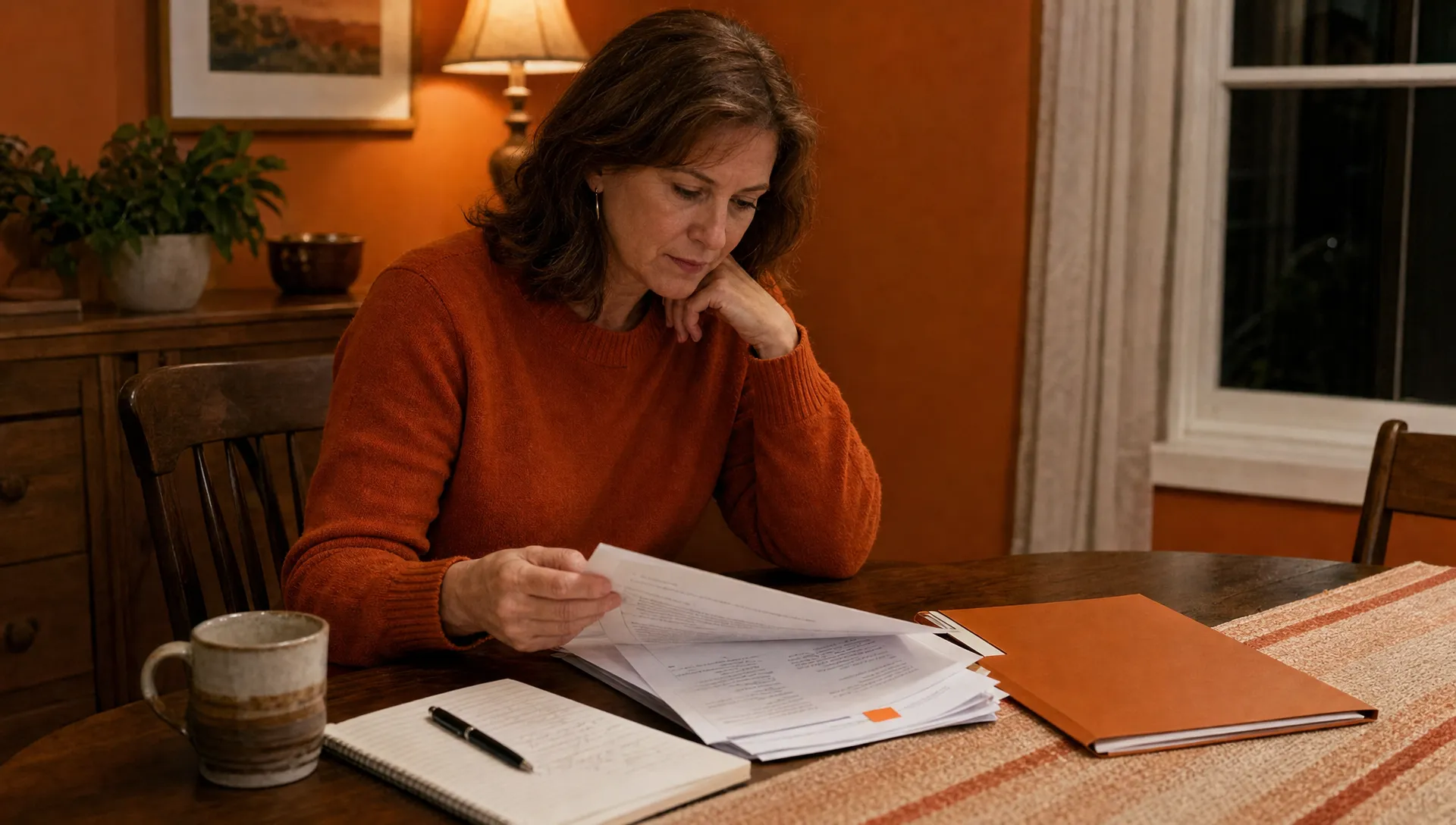 An agency owner reviews a report packet at a dining table with a burnt-orange tab marking the section that needs attention.
