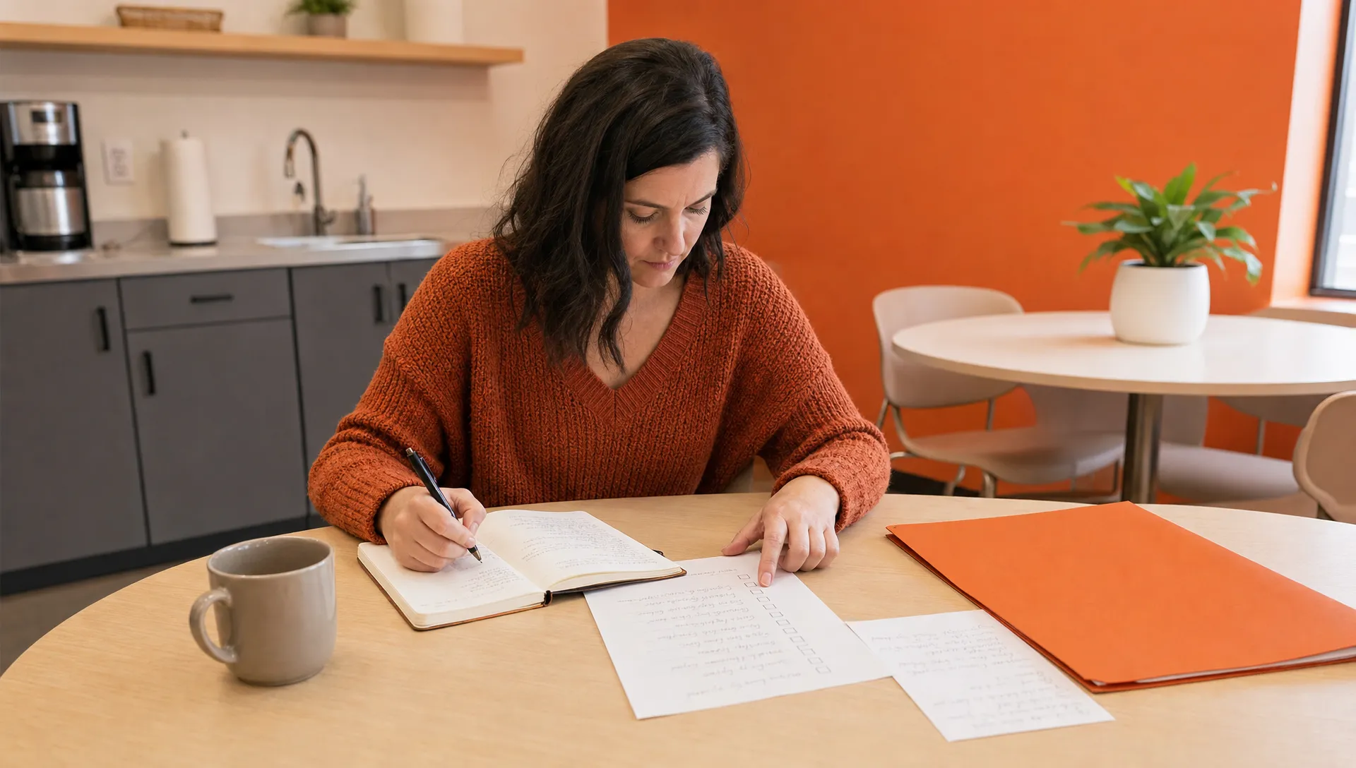An agency owner reviews notes and a checklist at a kitchen table between tasks.